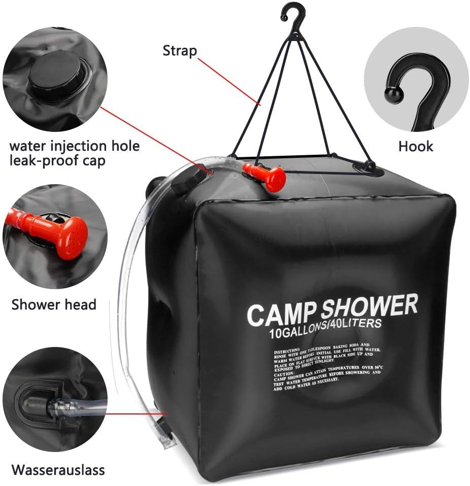 KIPIDA Bolsa de ducha solar para campamento, bolsa de ducha de calefacción solar de 10 galones40L con manguera extraíble y cabezal de ducha