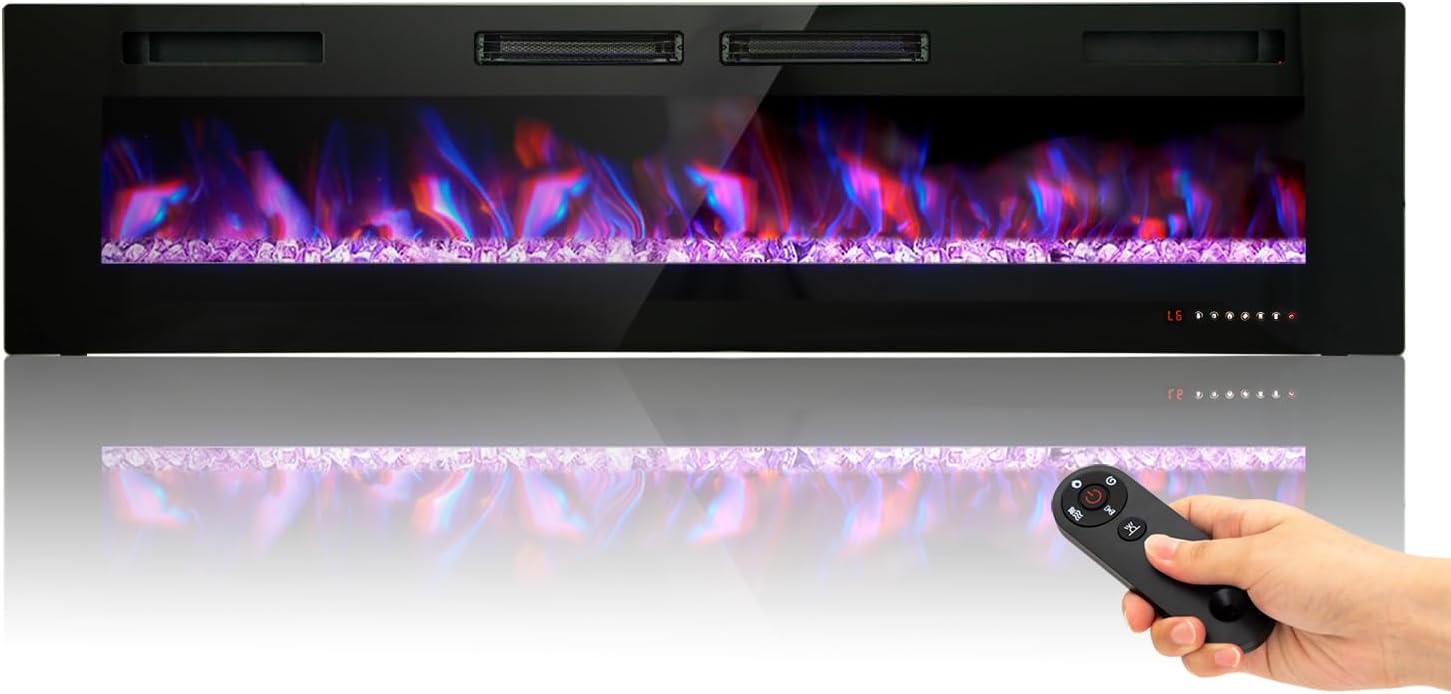 MFSTUDIO Chimenea eléctrica de 72 pulgadas con control remoto y pantalla táctil, calentador de chimenea empotrado y montado en la pared, chimenea