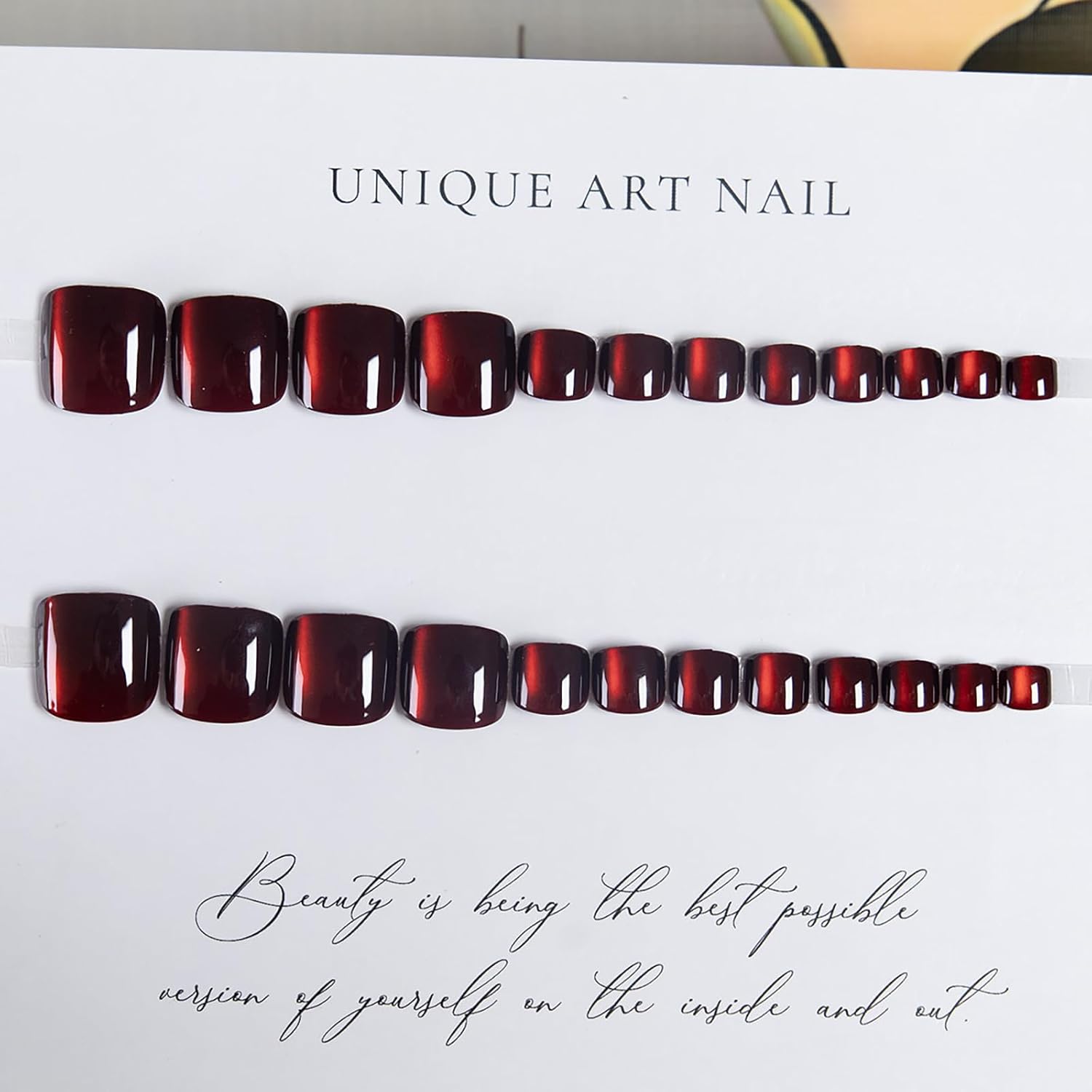 Uñas postizas hechas a mano, color rojo vino, uñas postizas cuadradas cortas con diseño de cobertura completa, acrílicas, lindas uñas de verano, 24