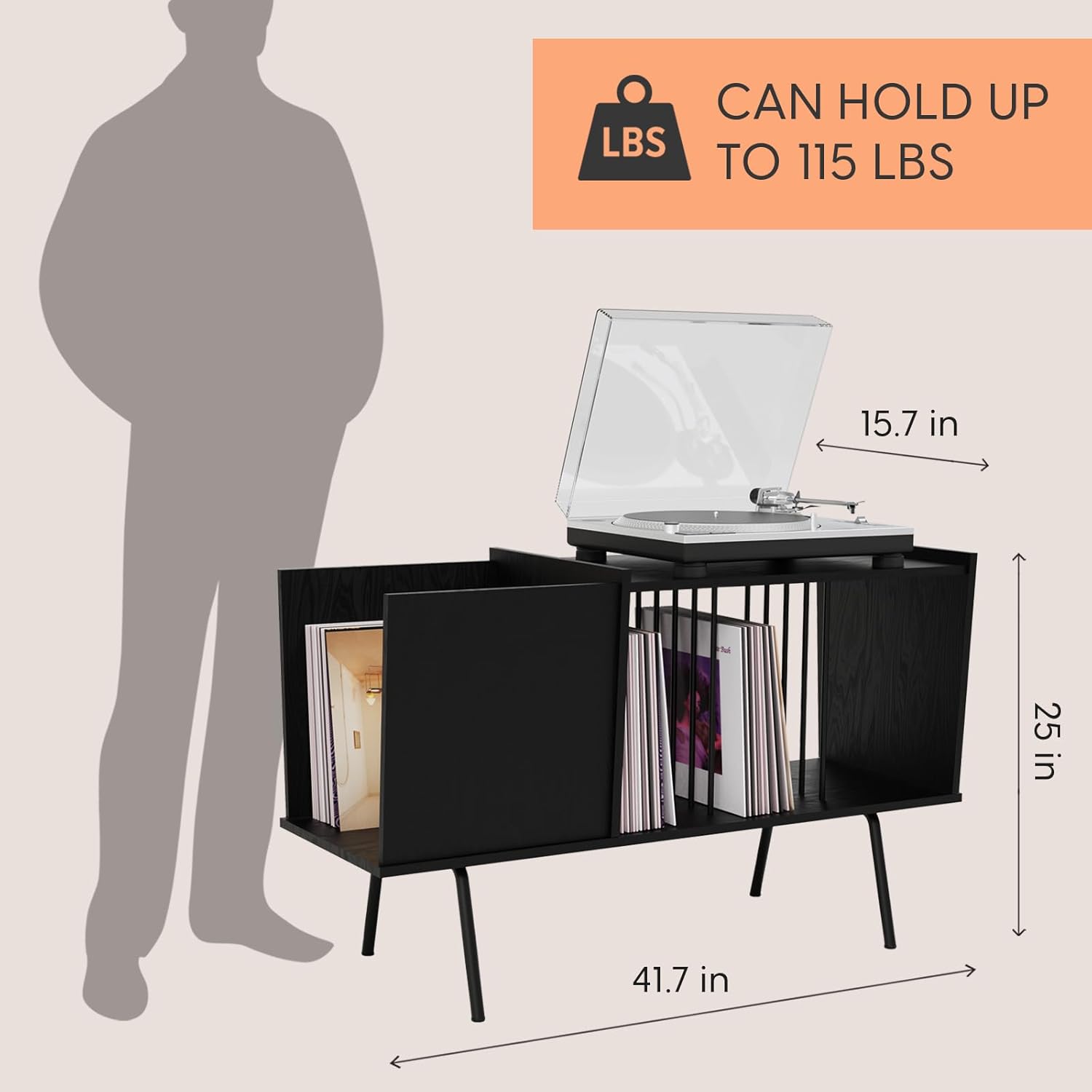 Soporte para tocadiscos con almacenamiento de vinilo, mesa para tocadiscos con capacidad para 190 vinilos, soporte para tocadiscos y gabinete de