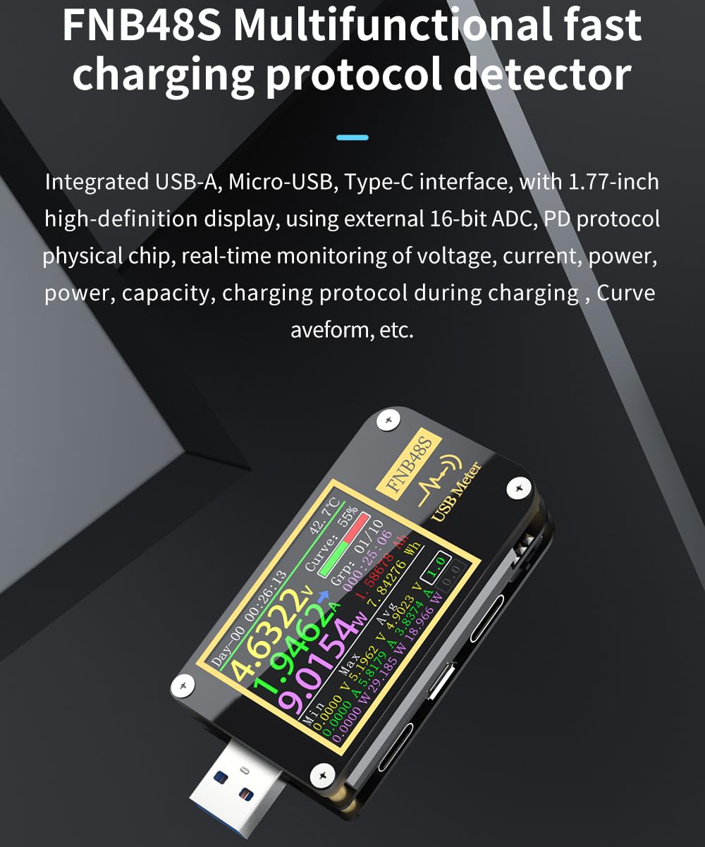 Probador USB FNB48S PD Gatillo Voltímetro Amperímetro Corriente y Voltímetro Probador USB QC4 + PD3.0 2.0 PPS Protocolo de Carga Rápida Prueba de