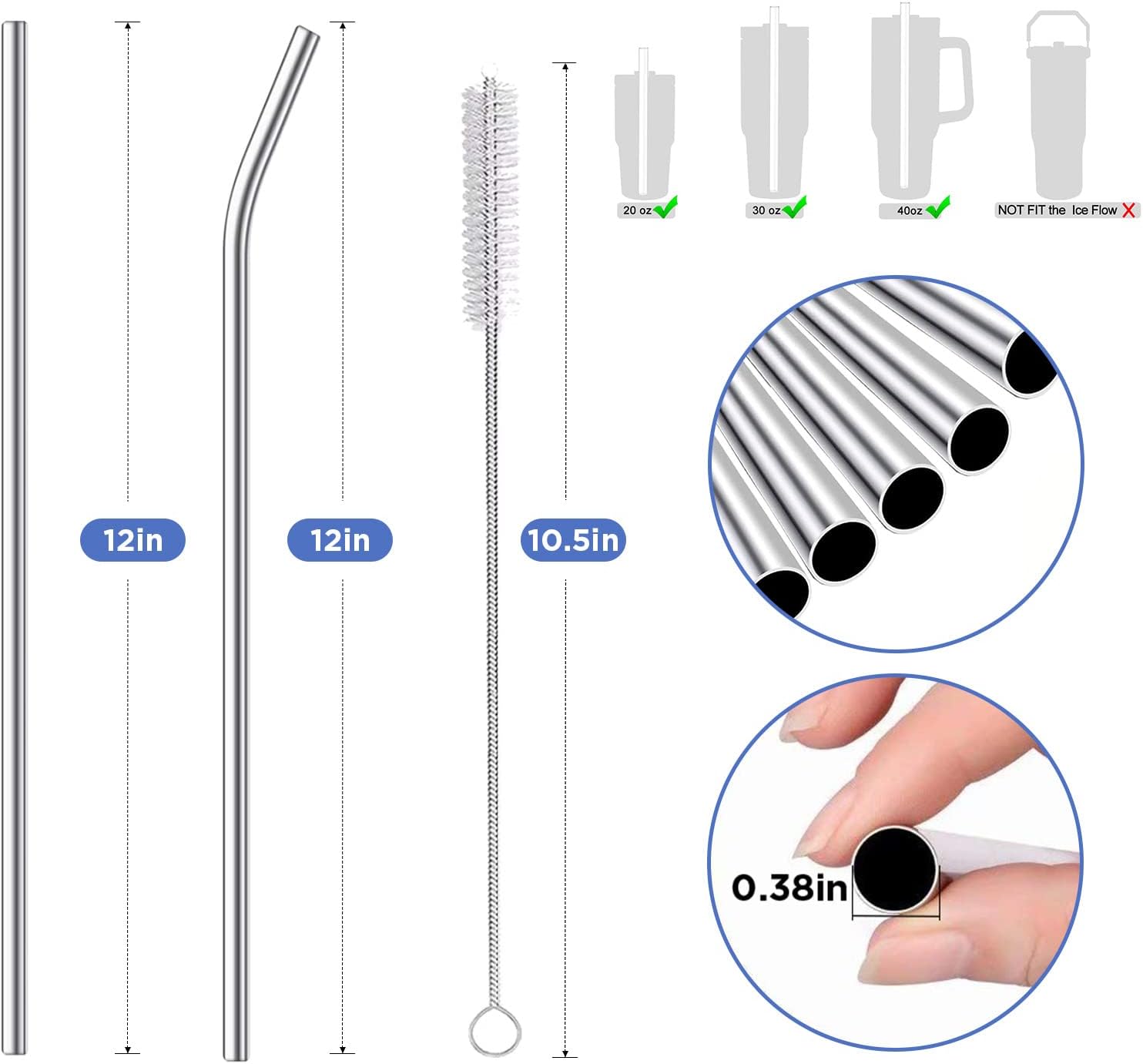 Paquete de 6 popotes de metal de acero inoxidable de repuesto para vaso Stanley Cup de 40 onzas, popotes reutilizables de 0.38 pulgadas de ancho y