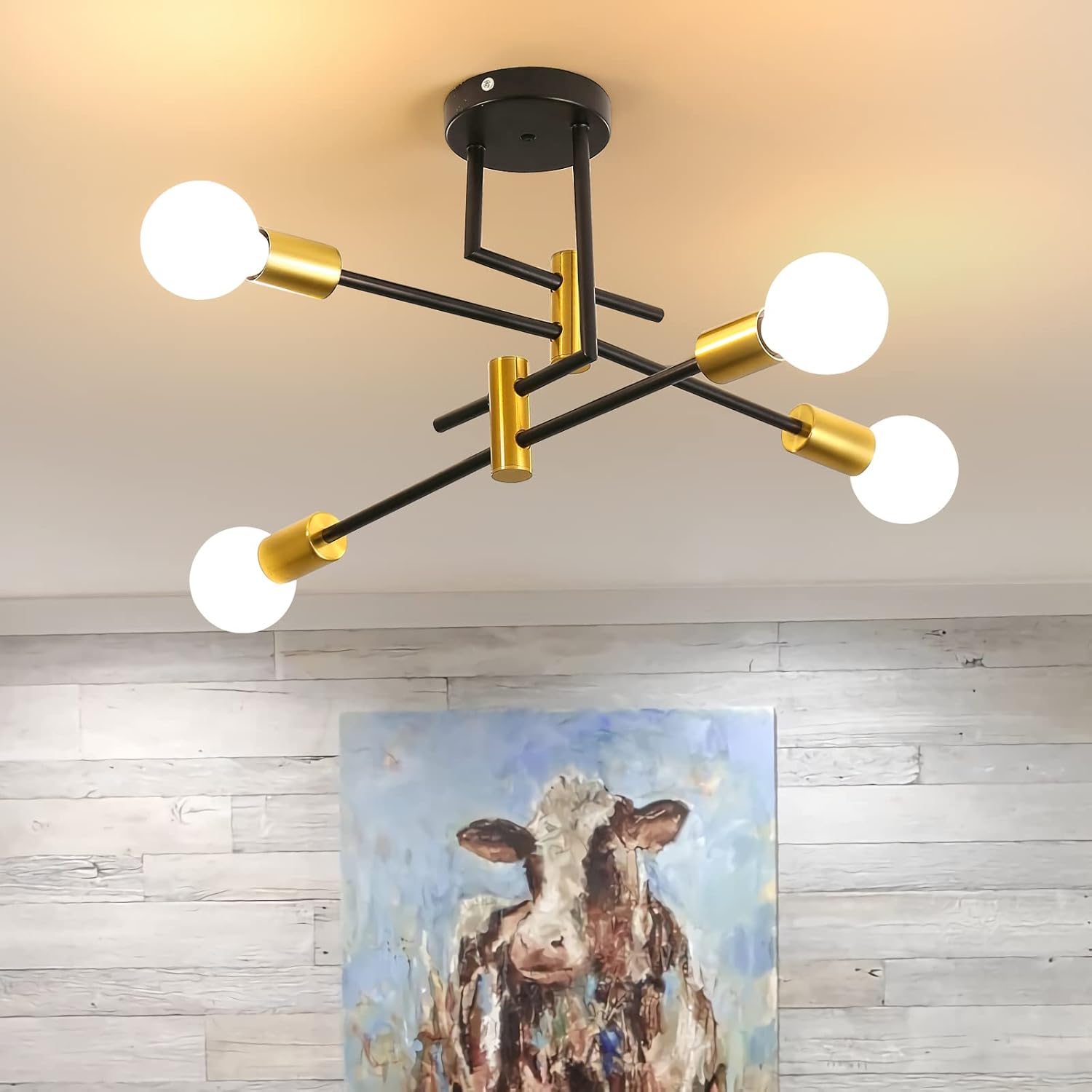DELIPOP Sputnik – Lámpara de techo Sputnik moderna de 4 luces negras y doradas, lámpara de techo E26 de metal industrial semiempotrada para