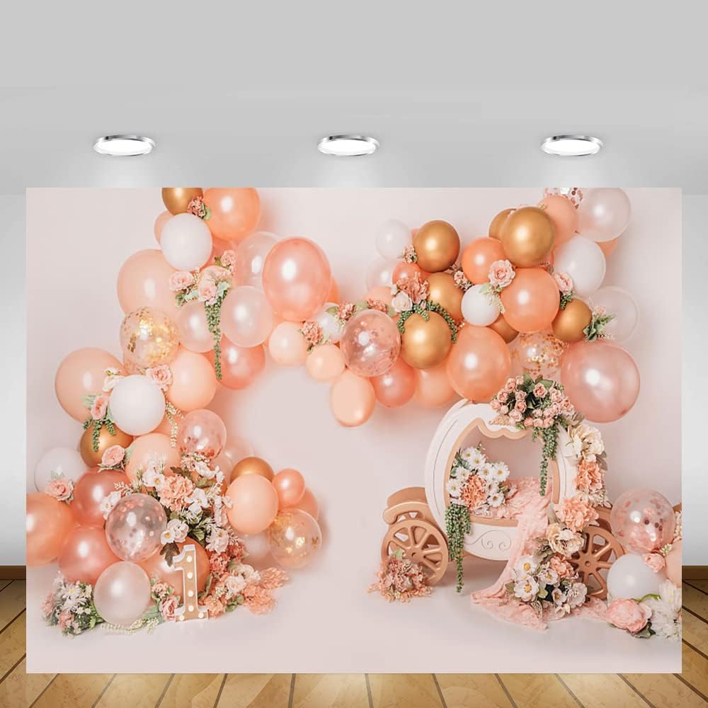 MEHOFOND Fondo de globo rosa y dorado de 7 x 5 pies para primer cumpleaños, decoración de fiesta de primer cumpleaños, fotografía floral, carro,