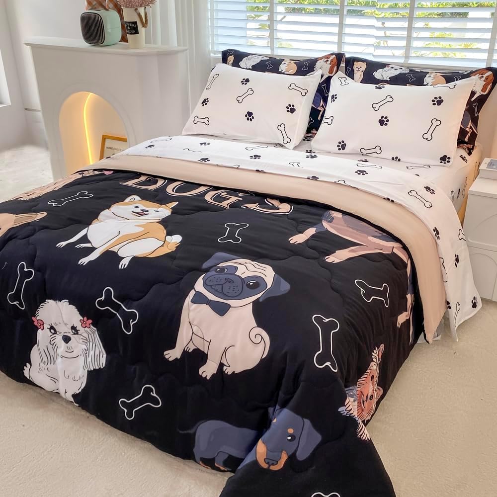 Wajade Juego de edredón de perro para niños, cama tamaño individual en una bolsa para niñas y niños, 7 piezas con estampado de cachorros de