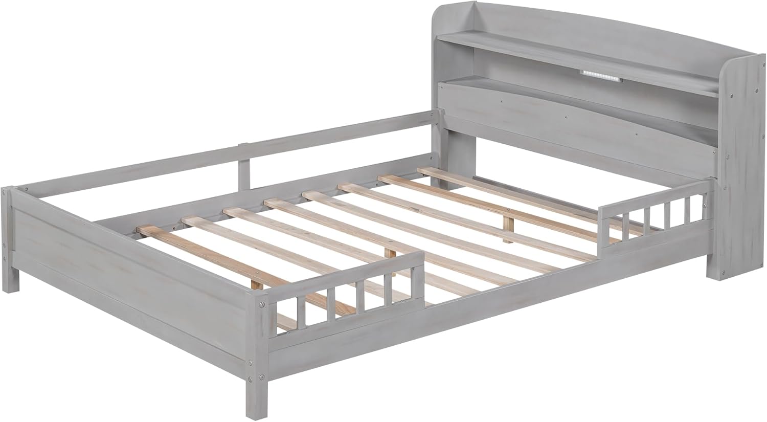 Harper & Bright Designs Cama de plataforma de tamaño matrimonial con cabecera de almacenamiento, luz LED integrada y barandilla, marco de cama