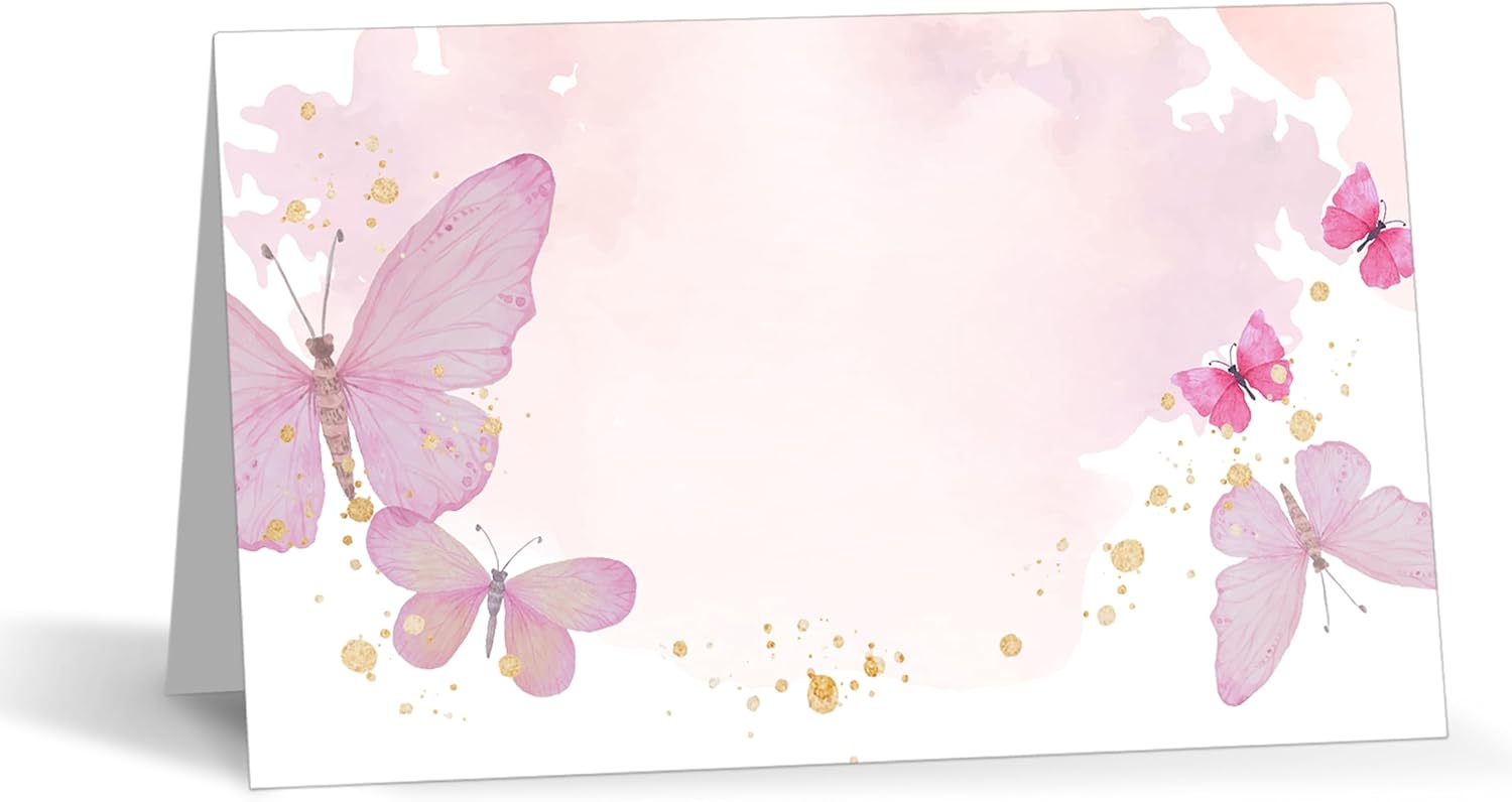 Tarjetas de lugar de mariposa para colocar la mesa, 25 tarjetas de lugar con nombre de media pliegue, tarjetas de estilo de tienda de campaña rosa