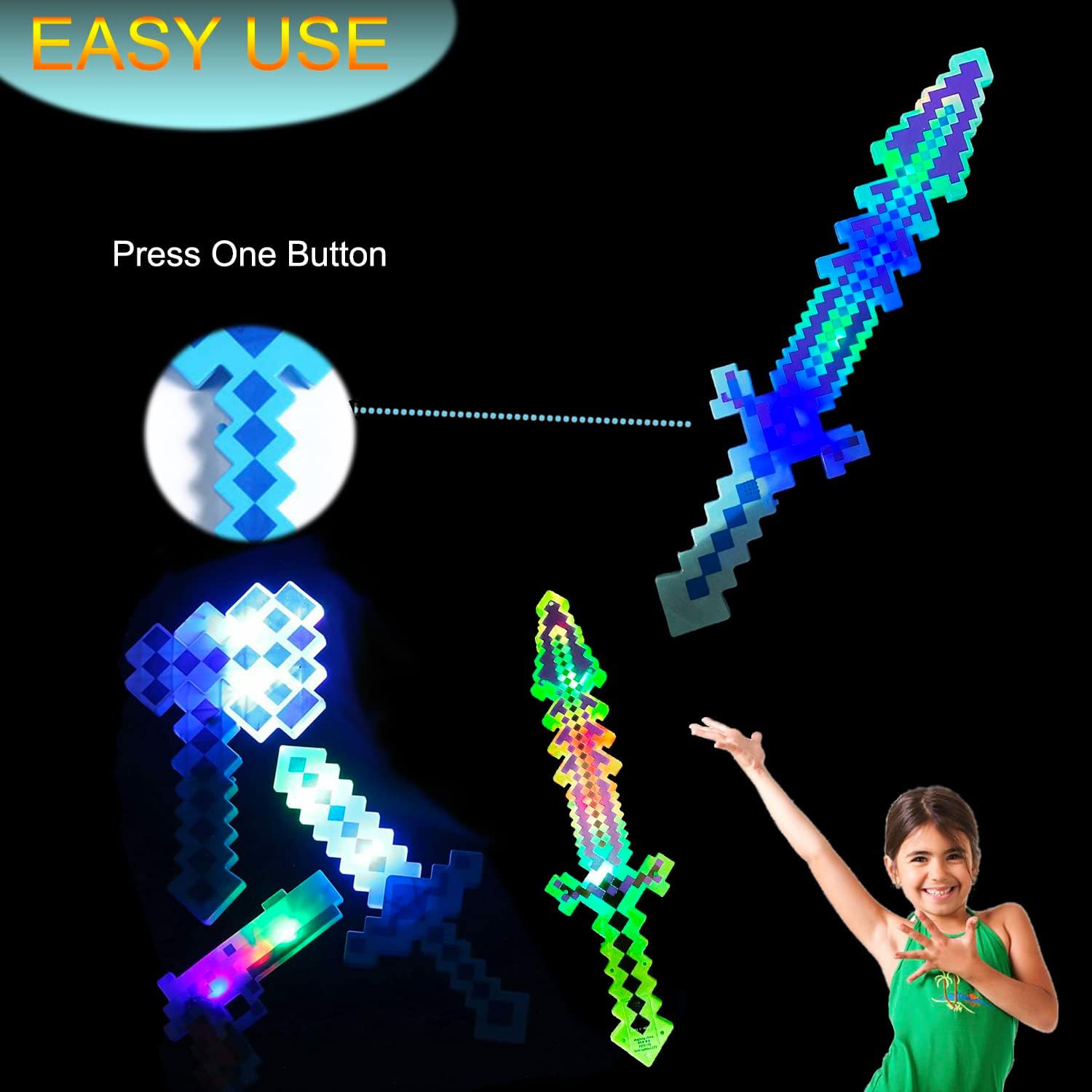 mushroomcase Espada de píxeles de diamante LED de 24 pulgadas con luz LED activada por movimiento y luces intermitentes, suministros de fiesta de