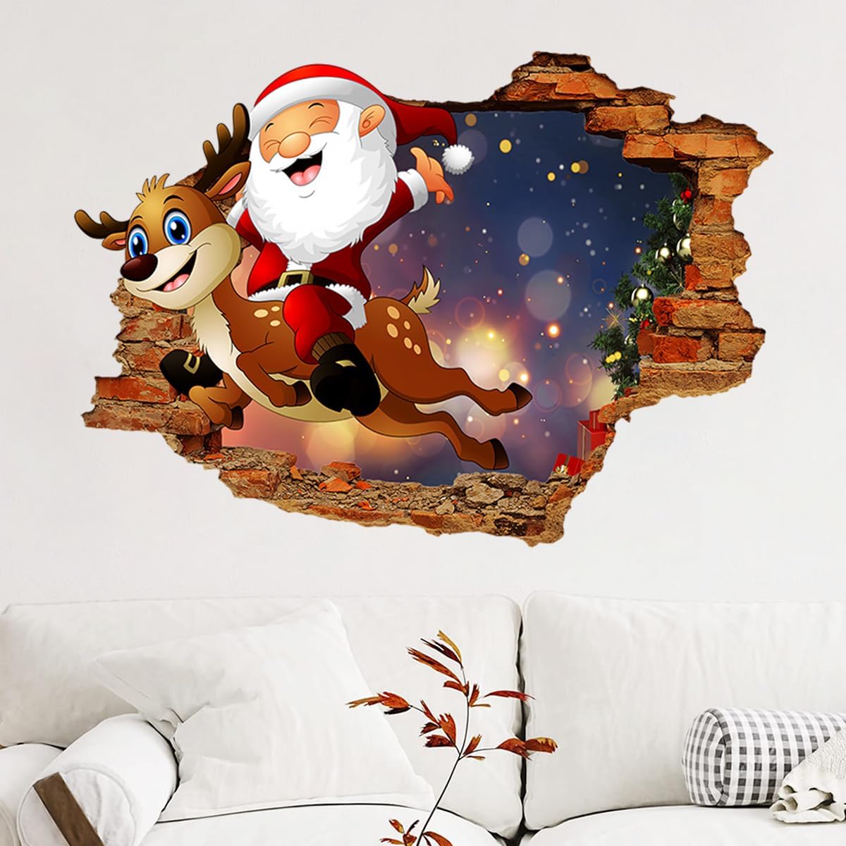 GGBOY Calcomanías de pared de Navidad 3D, calcomanías de pared de Navidad de renos de Papá Noel, removibles, calcomanías de pared de Navidad para