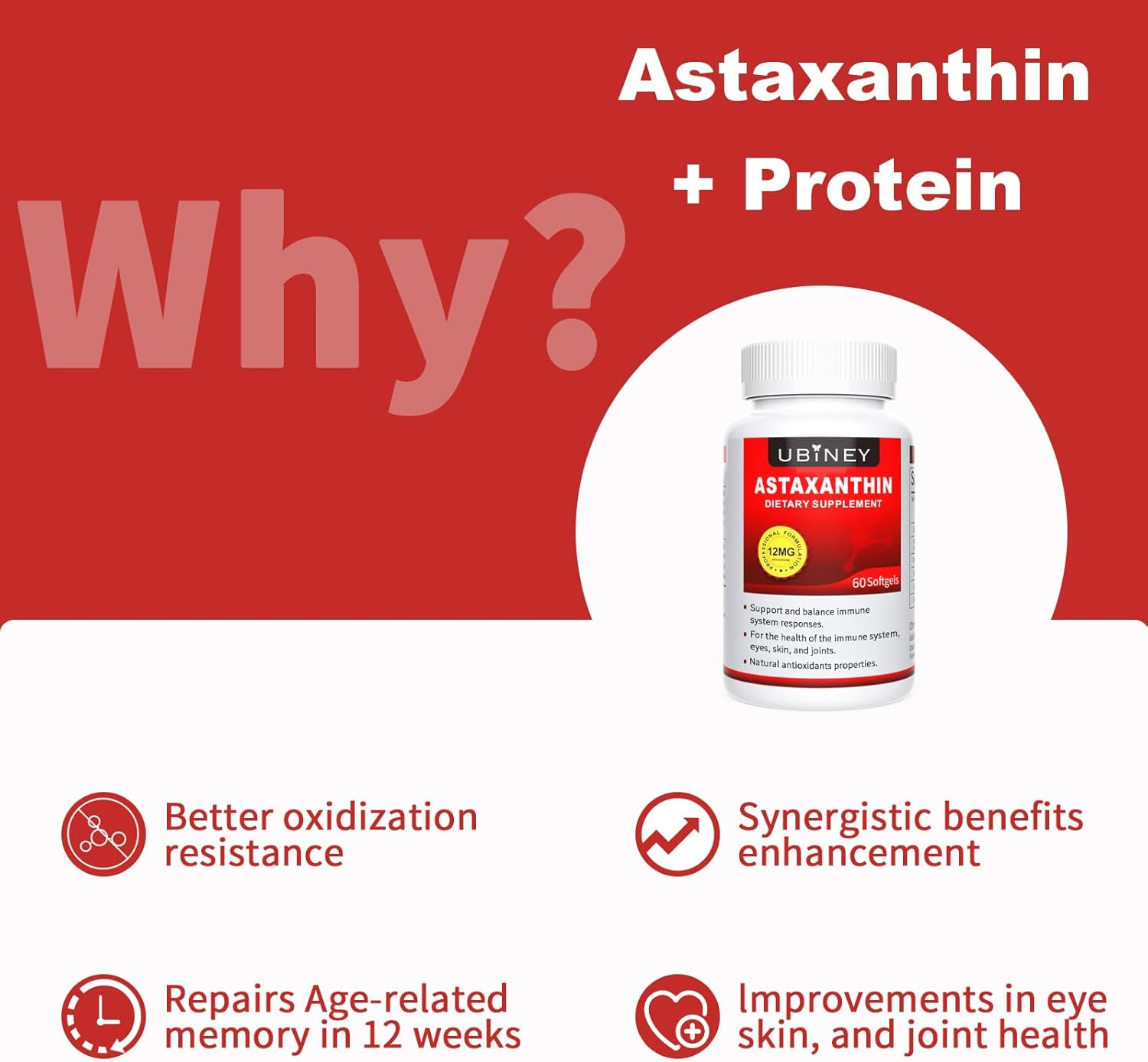 Cápsulas blandas de astaxantina premium de 12 mg, 60 porciones, apoya la salud inmunológica, de la piel, de los ojos y de las articulaciones, sin