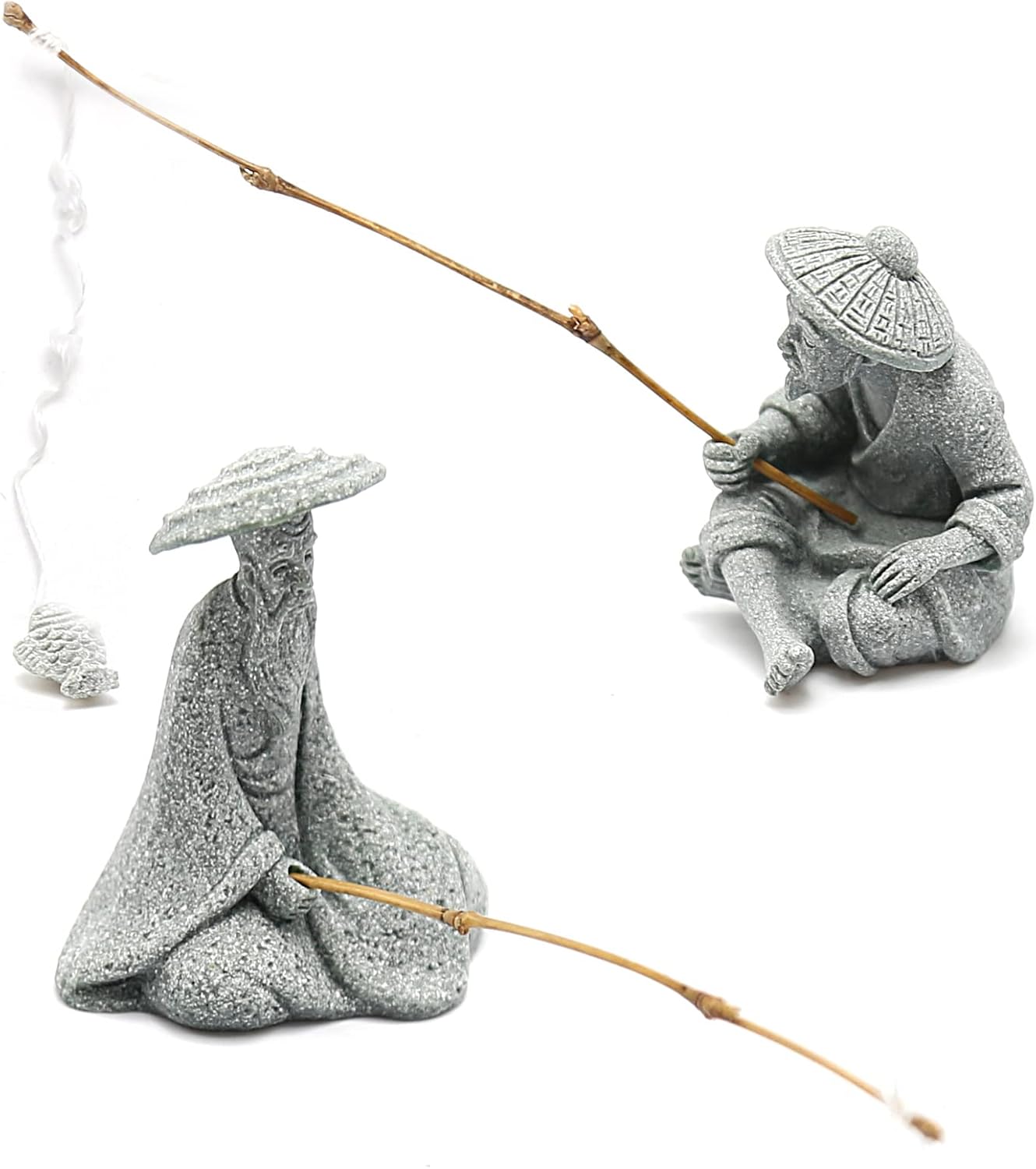 Zreneyfex 2 mini figuras de piedra arenisca de pescador sentado pescador estatua de lodo para pecera y micro paisaje decoración de jardín