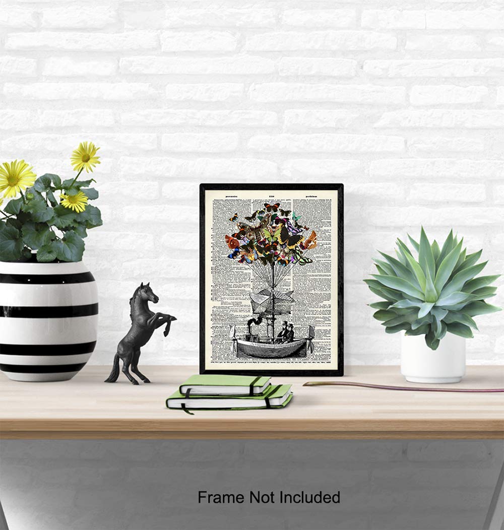 Steampunk Decor – Dirigible Poster – 8×10 Victorian Steampunk Wall Art – Butterflies Blimp Airship Room Decorations – Dictionary Page Photo –