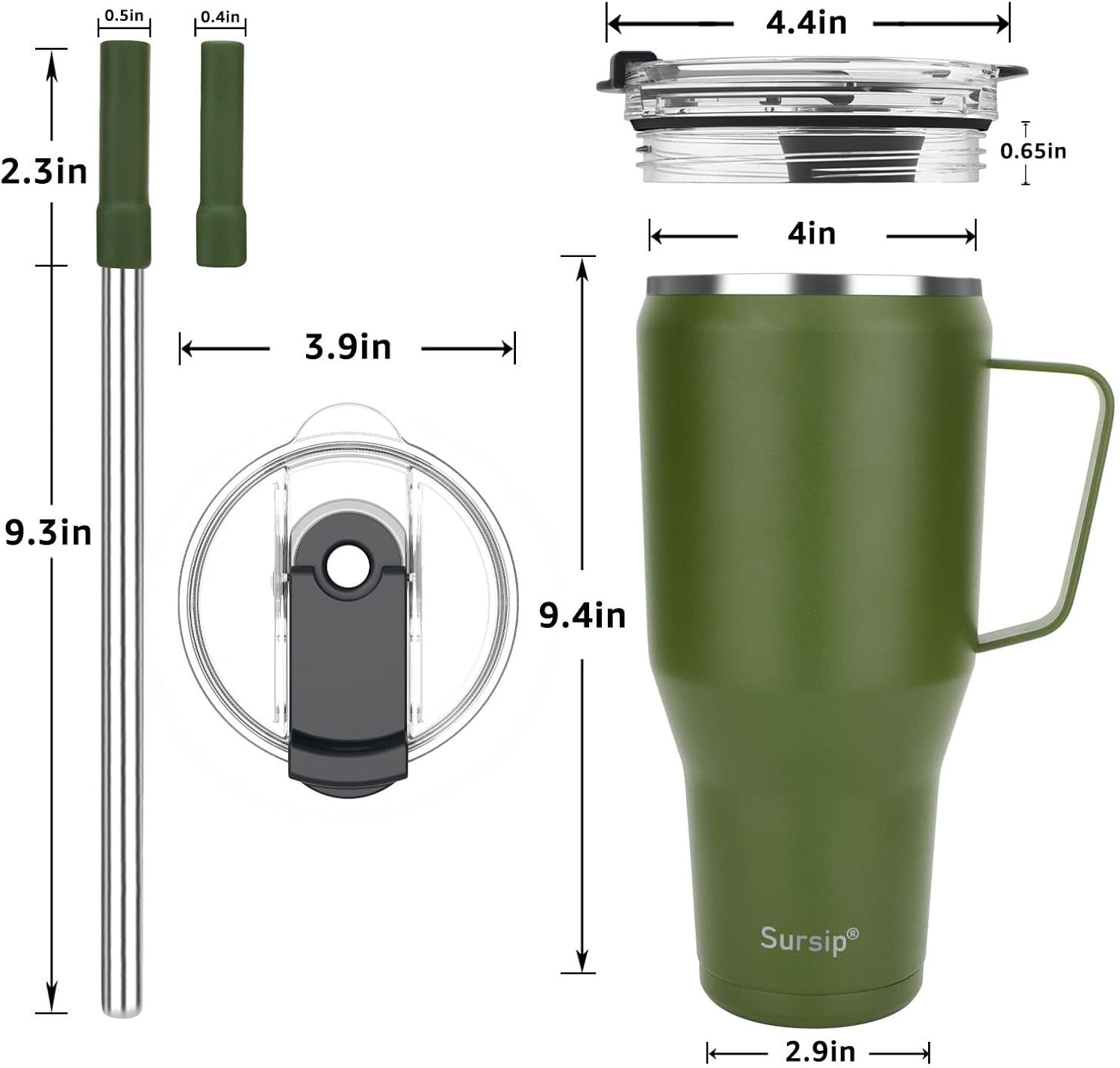 Sursip Vaso aislado de 40 onzas con tapa de rosca, de acero inoxidable con pajillaasa, mantiene las bebidas frías hasta 24 horas, a prueba de sudor