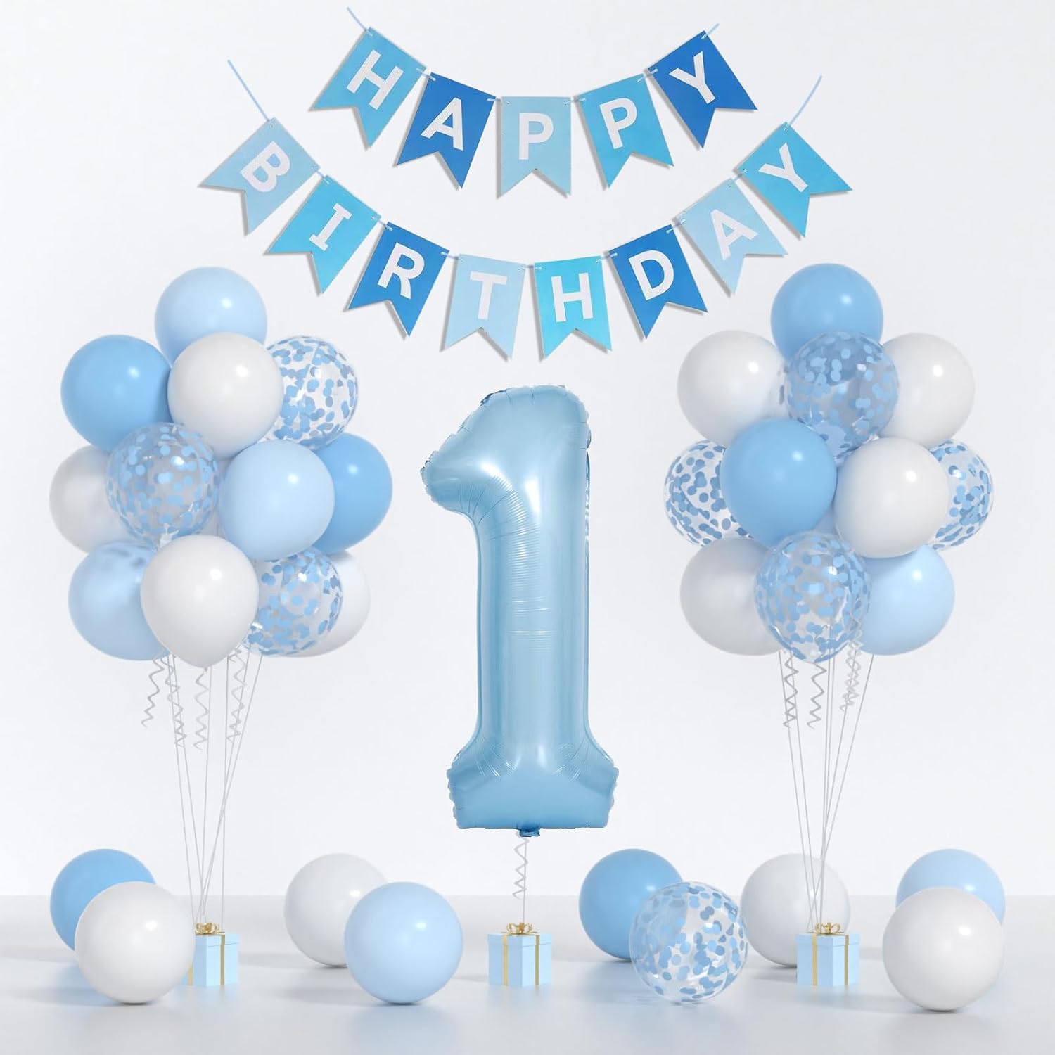 Globos de color azul y blanco bebé y 1 globo de 40 pulgadas, decoraciones de primer cumpleaños para niño con globos de confeti azul y blanco,