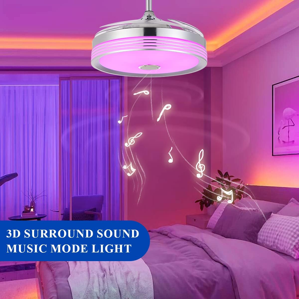 Ventilador de techo retráctil de 42 pulgadas con luz y control remoto de aplicación, lámpara de altavoz Bluetooth, luces regulables de color RGB