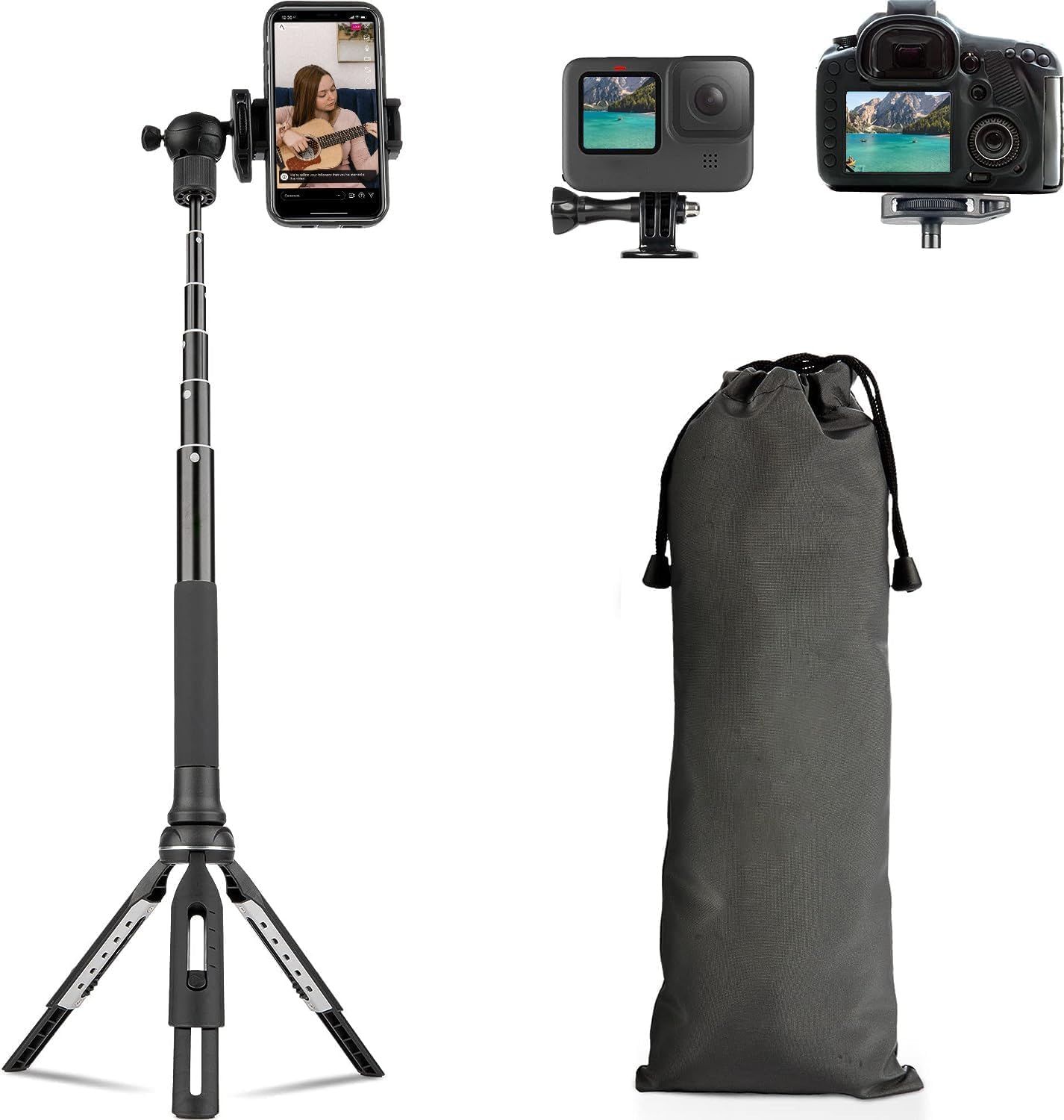 eDealz Trípode para teléfono de 55 pulgadas  Funciona como trípode, selfie stick y monopie de cámara para Go Pro  Soporte de trípode para teléfono