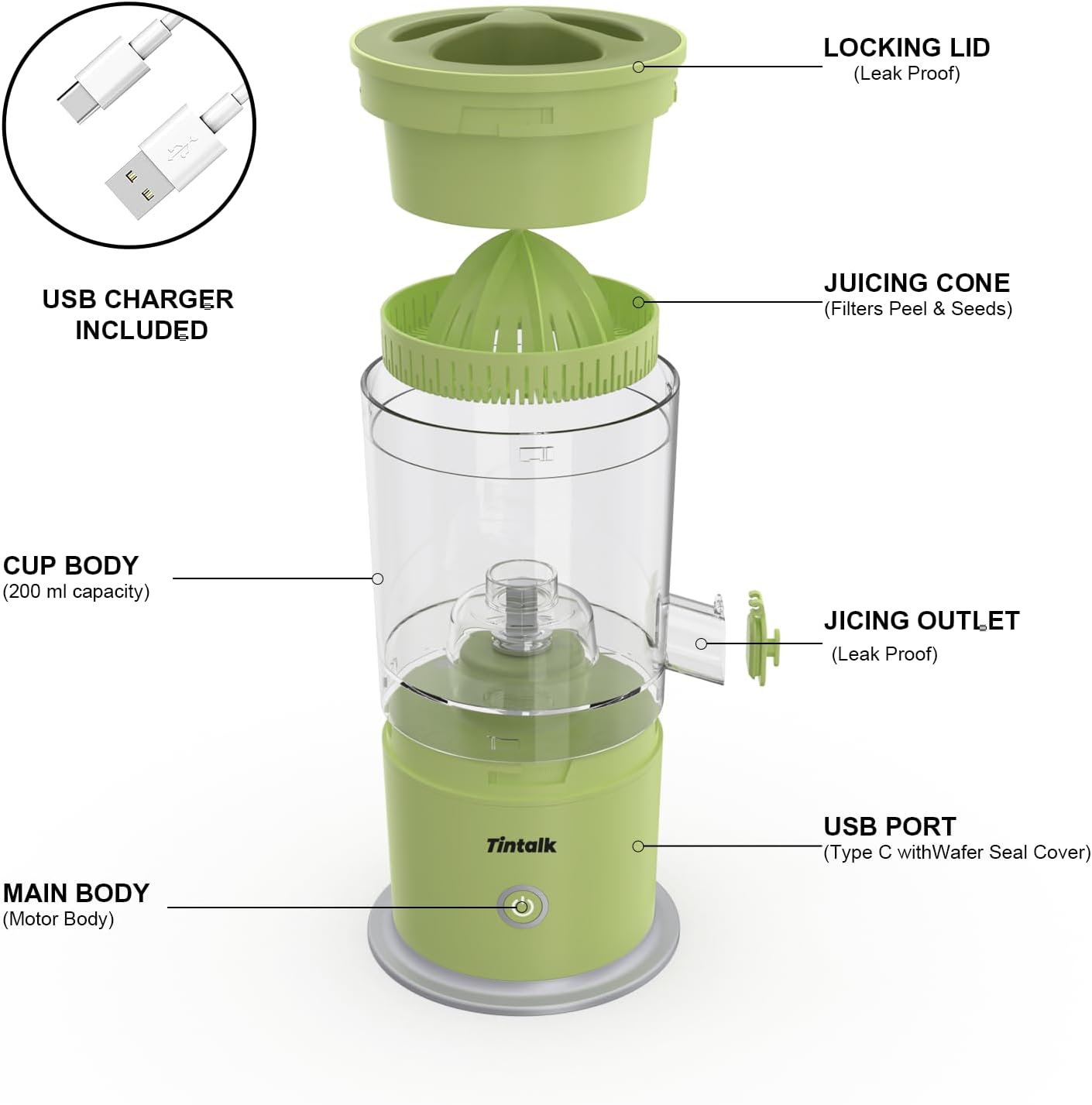 Exprimidor eléctrico de cítricos, recargable, inalámbrico, portátil, con USB, exprimidor automático de jugo de frutas para naranja, limón, pomelo,
