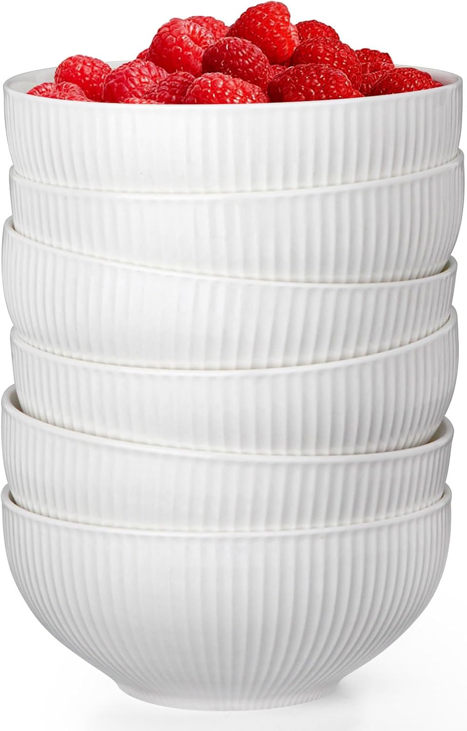 Artena Juego de 6 cuencos de cerámica para cereales de 26 onzas, cuencos de sopa en relieve, cuencos blancos para cocina, cuencos de cena de 6
