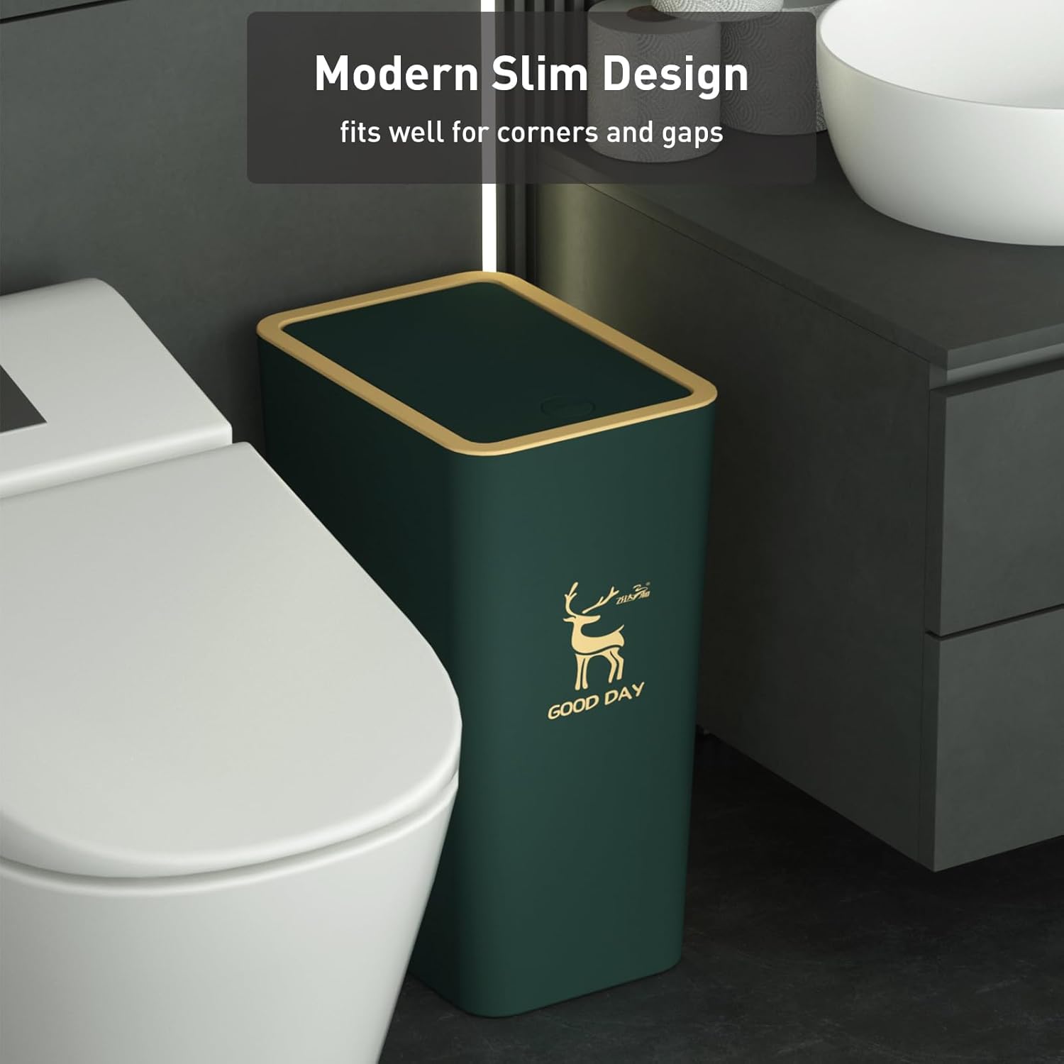 Bathroom Trash Can with Lid(4 Gallon+2.6 Gallon), Small Kitchen Garbage Can with Press Top, Modern Office Waste Basket Dog Proof, Plastic Slim