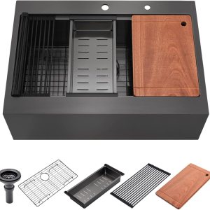 Luckyhorse LH009S – Fregadero de cocina con delantal negro de 30 pulgadas, calibre 16, acero inoxidable mate profundo, montaje superior, estación de Luckyhorse LH009S – Fregadero de cocina con delantal negro de 30 pulgadas, calibre 16, acero inoxidable mate profundo, montaje superior, estación de