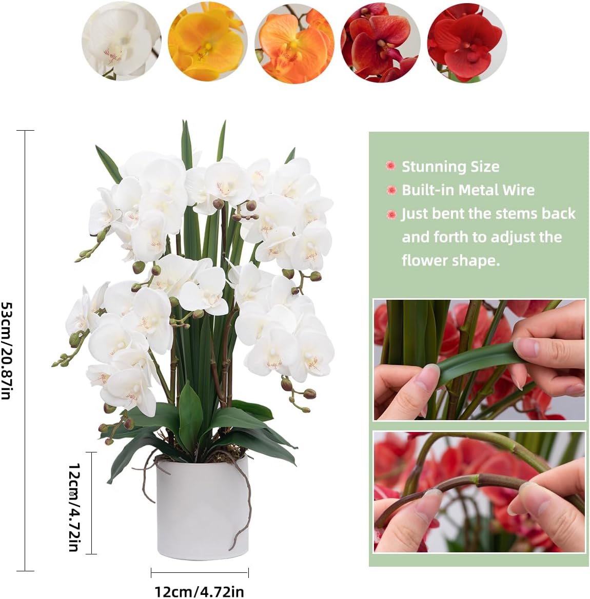 CXGS Plantas artificiales de orquídeas artificiales de tacto real, orquídeas falsas en jarrón de cerámica de 20.9 pulgadas, orquídea falaenopsis