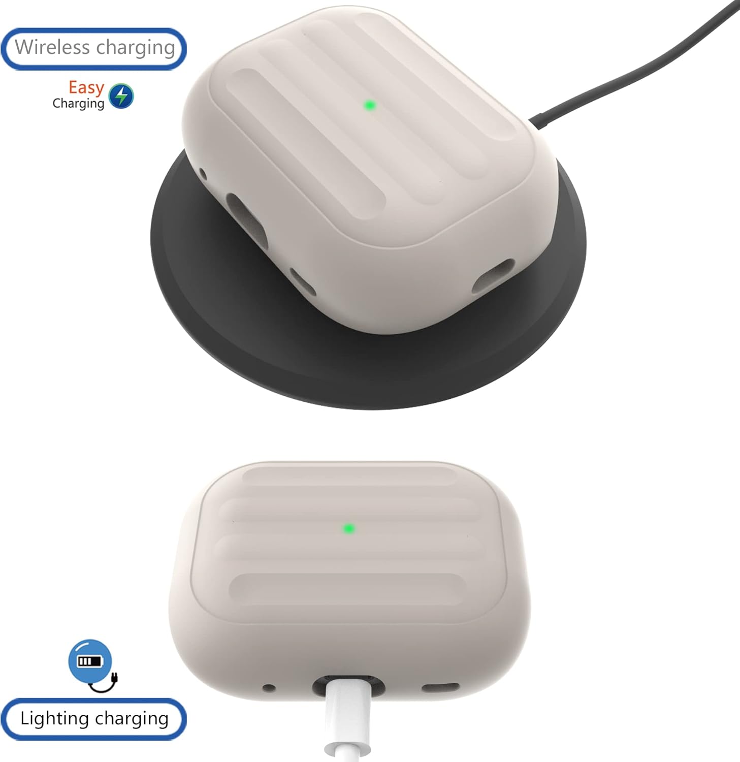 Funda antipérdida compatible con Airpods Pro 2, carga inalámbrica, LED visible, cordón incluido (negro-beige)