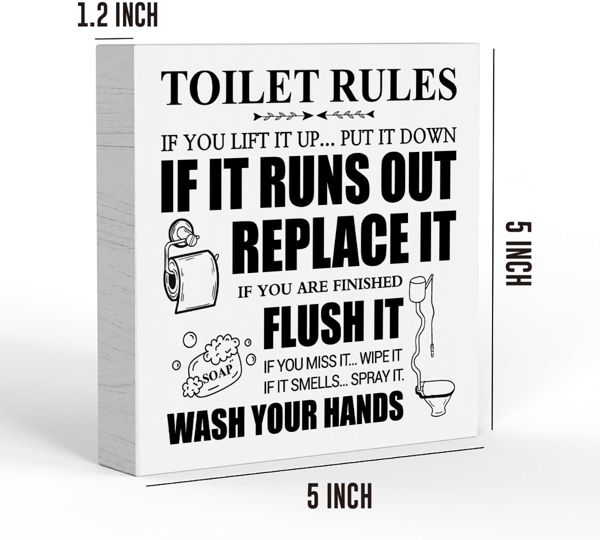Toilet Rules – Placa de madera con texto en inglés “Toilet Rules”, letrero de caja de madera con cita de baño, letrero de estante de escritorio para
