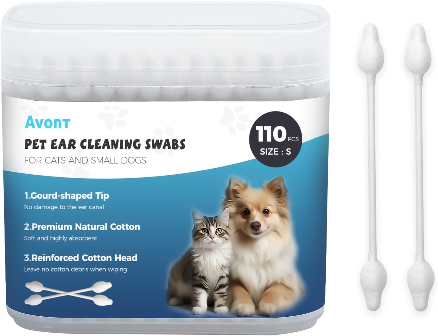 Avont Hisopos de algodón para limpieza de orejas de perro, Qtips para mascotas, cuidado de oídos de doble cara grandes Q-Tips para perros y gatos -S