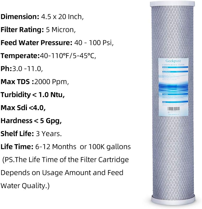 Geekpure Filtro de agua de bloque de carbono de 20 pulgadas que elimina olores de sabor a cloro para filtración de toda la casa, 4.5 x 20 pulgadas