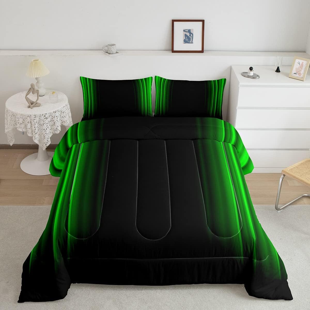 Feelyou Juego de ropa de cama geométrica abstracta degradada para hombres, adultos, adolescentes, juego de edredón a rayas verdes y negras, juego de