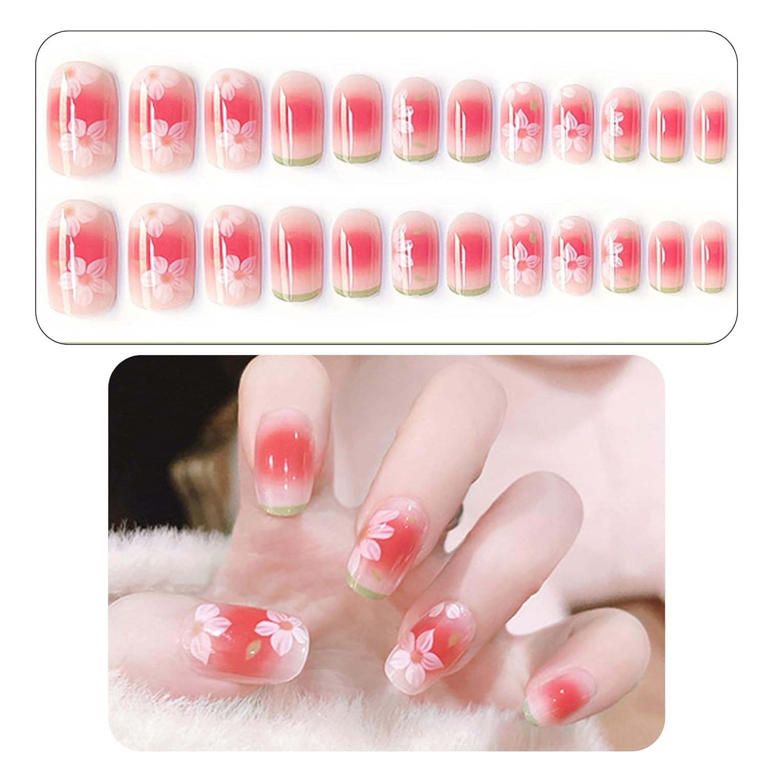 Uñas postizas medianas de punta francesa verde, uñas postizas ovaladas de flores blancas, uñas postizas acrílicas brillantes, uñas artificiales de