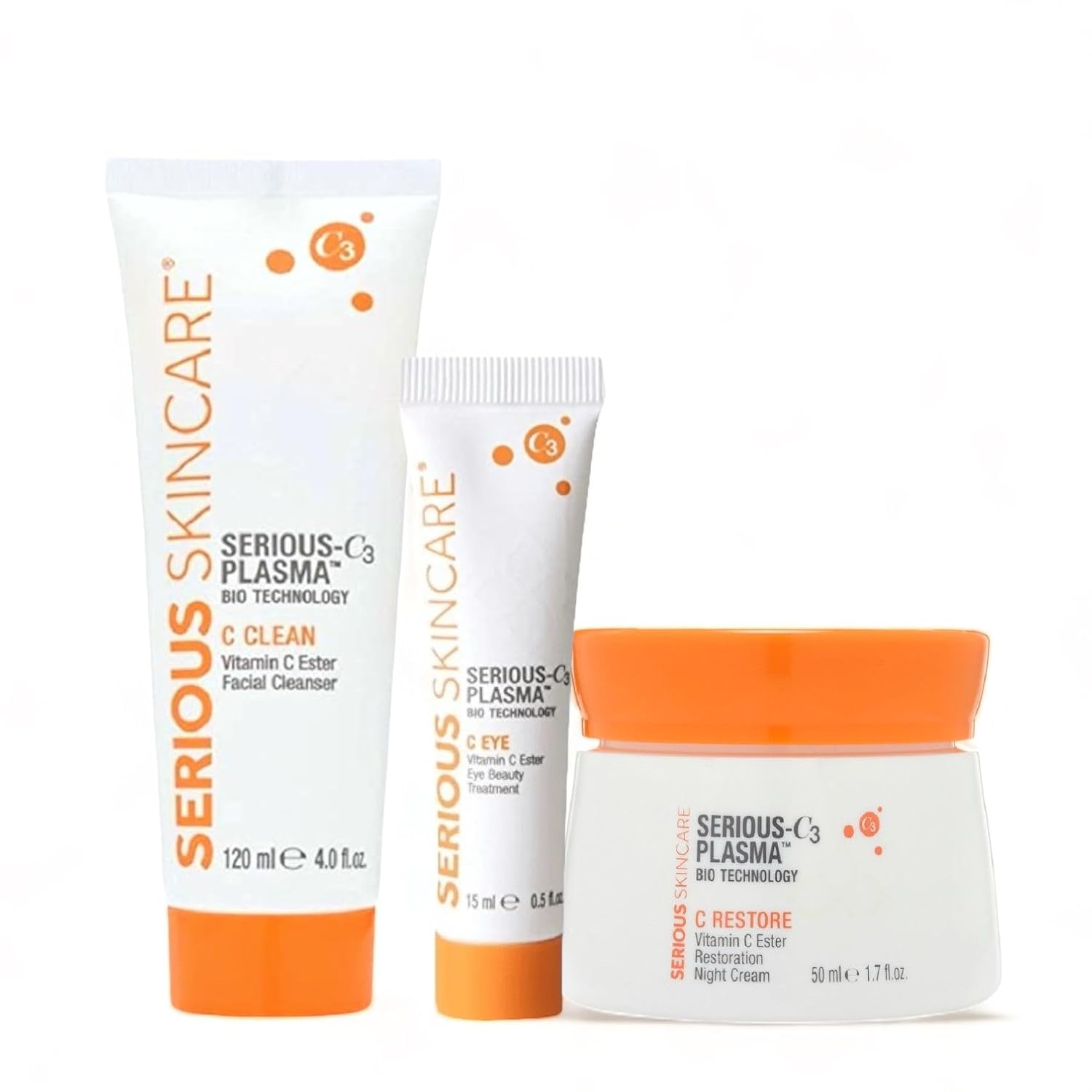 Serious Skincare – Serious C3 Plasma Night Trio – Crema de noche C-Restore, tratamiento de belleza de ojos C y limpiador facial C Clean – Líneas