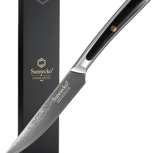 Sunnecko Cuchillo para carne de cocina de 5 pulgadas, cuchillo de carne de Damasco VG-10, cuchillo japonés de acero inoxidable, sin dentar, acero Sunnecko Cuchillo para carne de cocina de 5 pulgadas, cuchillo de carne de Damasco VG-10, cuchillo japonés de acero inoxidable, sin dentar, acero