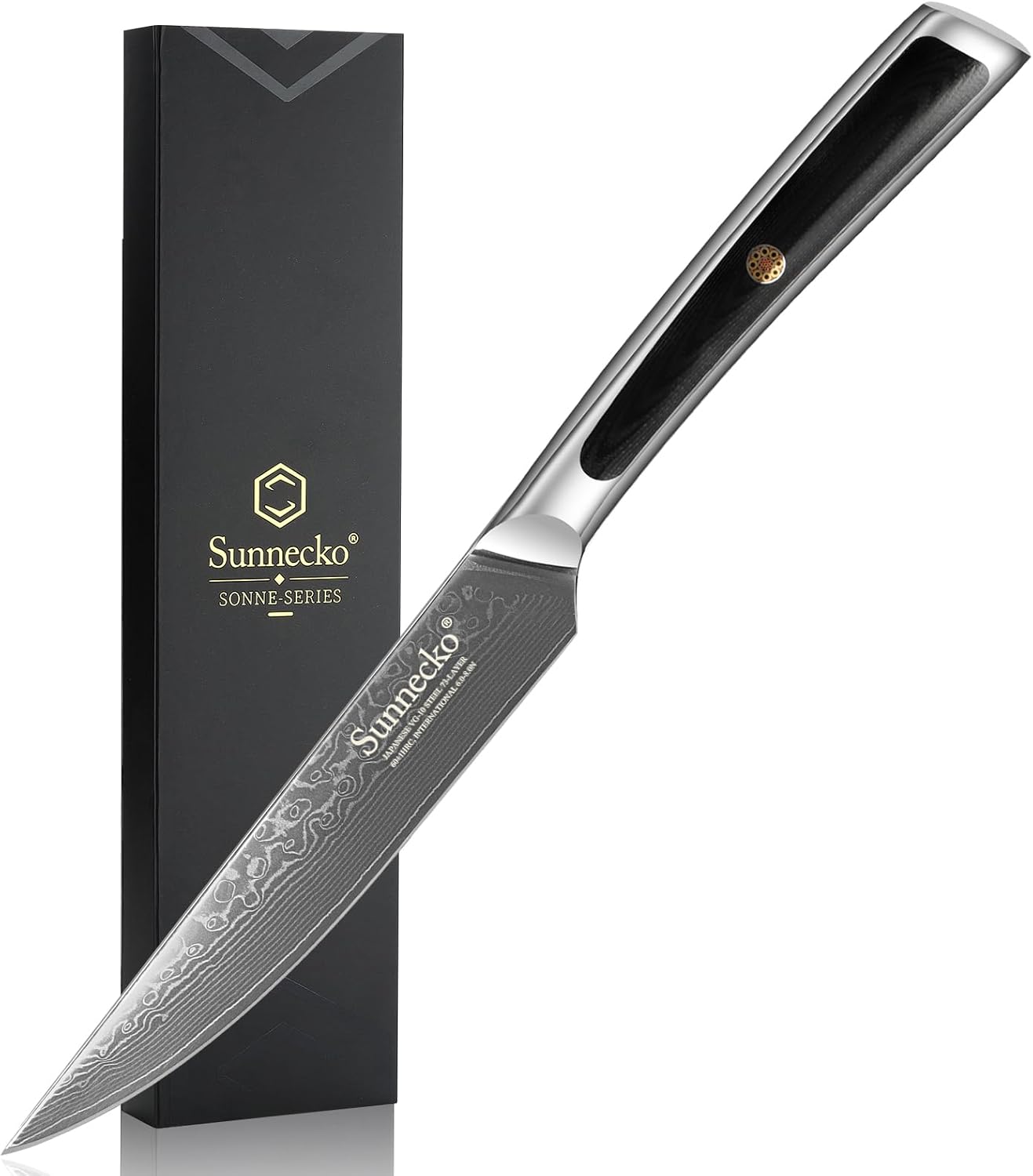 Sunnecko Cuchillo para carne de cocina de 5 pulgadas, cuchillo de carne de Damasco VG-10, cuchillo japonés de acero inoxidable, sin dentar, acero