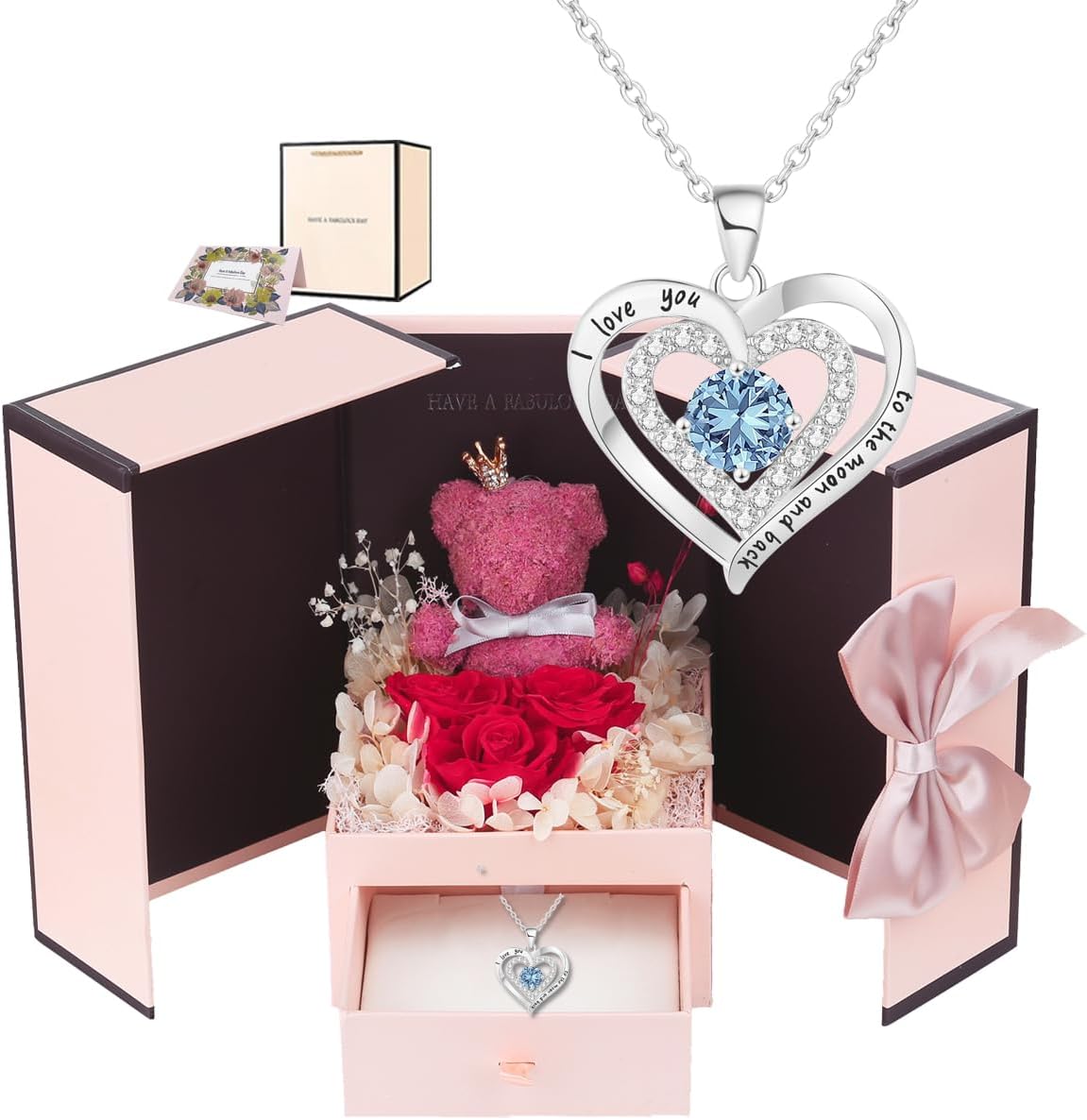 Juego de regalos de oso musgo de rosa preservada con 100 collares “I Love You” para mamá, esposa, novia, día de la madre, Navidad, día de San