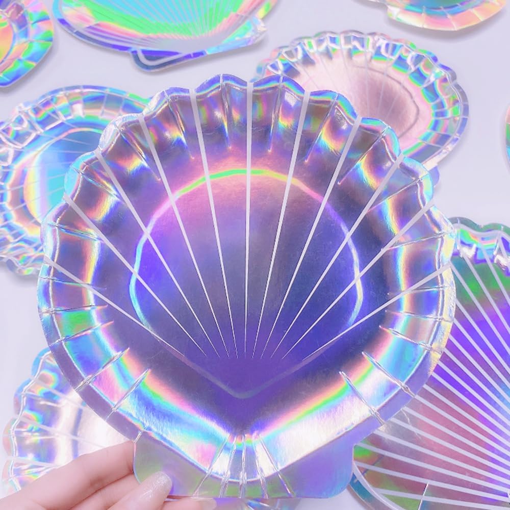Vasos de papel de conchas marinas, suministros de fiesta de sirena, vajilla desechable con purpurina iridiscente del mundo oceánico para bodas,