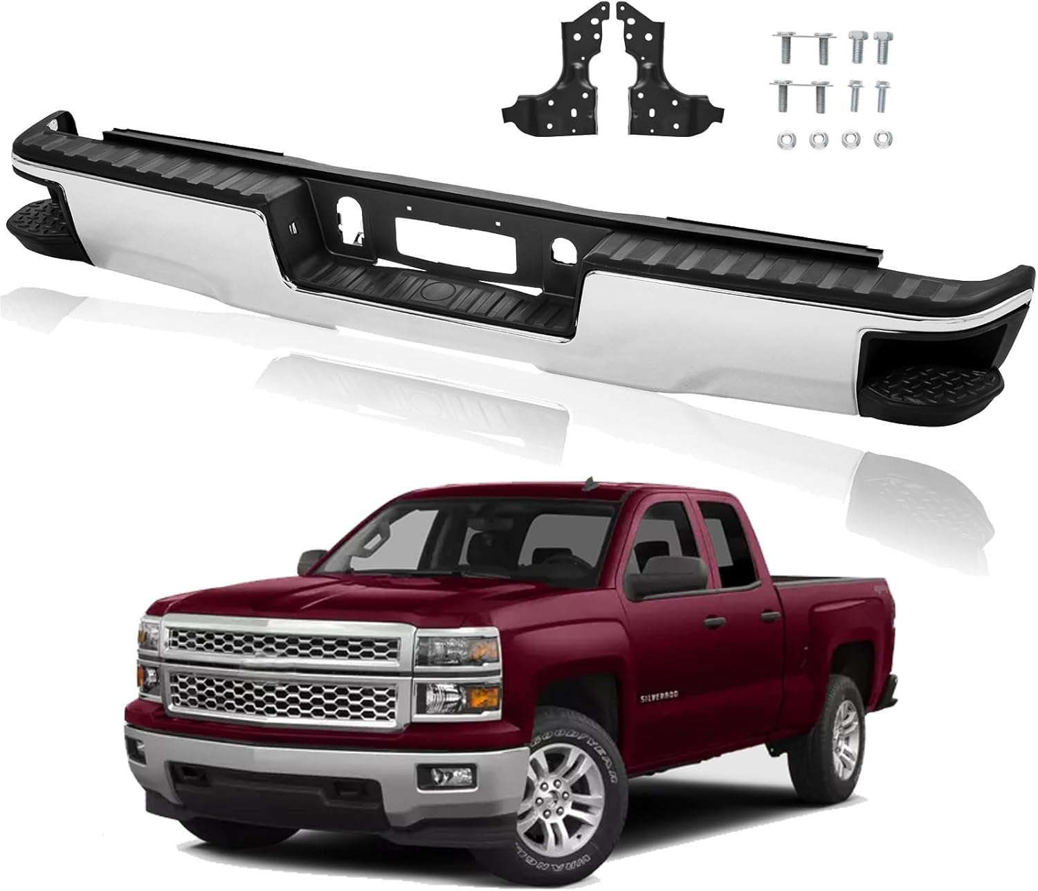 Ensamblaje de parachoques trasero compatible con Chevy Silverado 1500 GMC Sierra 1500 2014-2018 con orificio sin sensor con escalones de esquina,