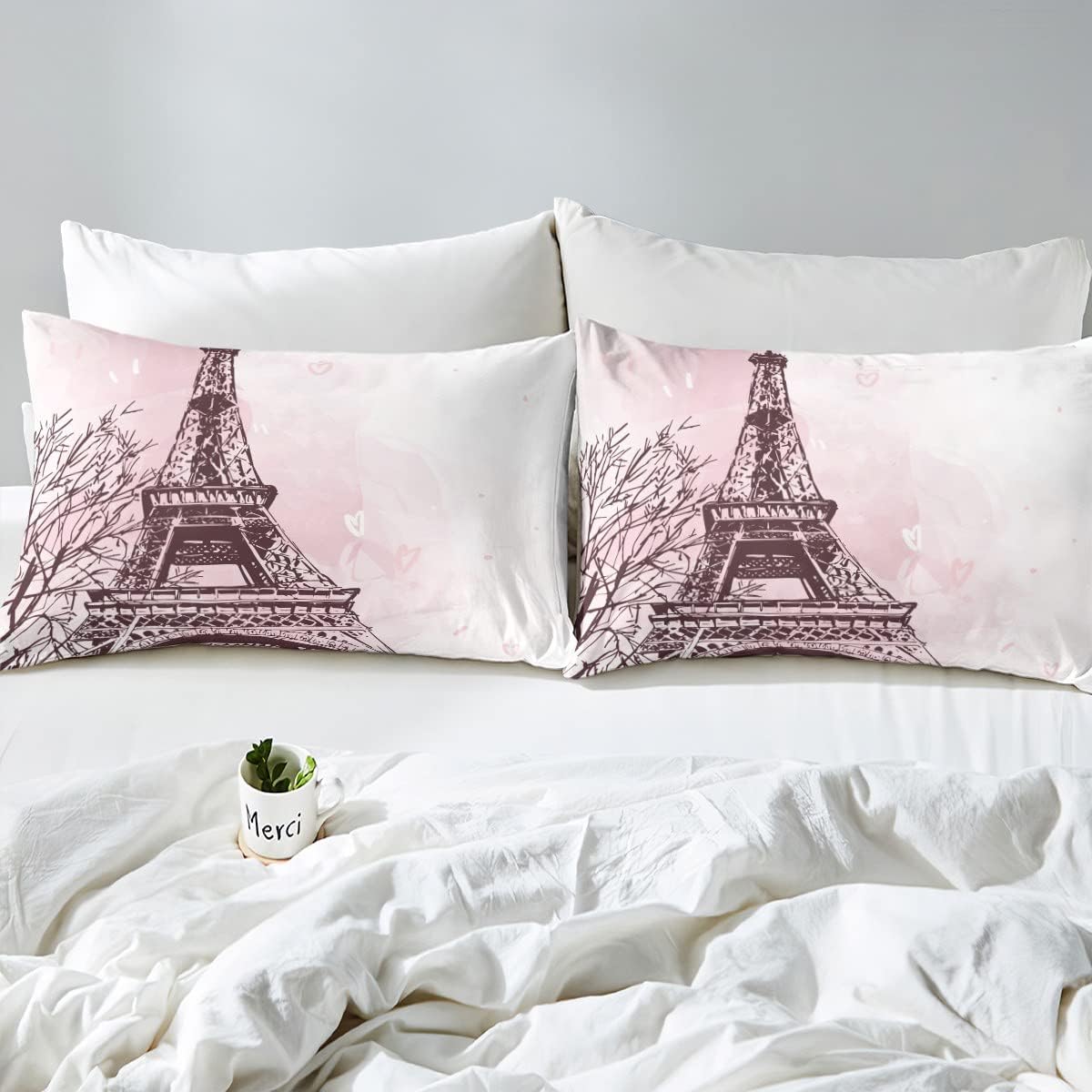 Juego de edredón de la Torre Eiffel, tamaño individual, juego de ropa de cama romántica de San Valentín, rosa y blanco, edredón para mujeres y