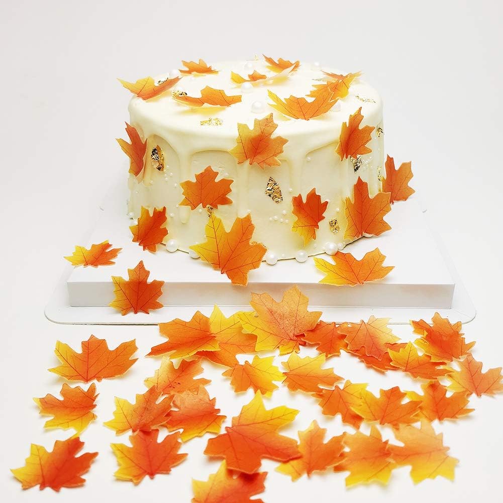 50 piezas comestibles de hojas de otoño de hojas de oro, decoración de pastel de hojas de arce, decoración de otoño, taza de hoja dorada comestible