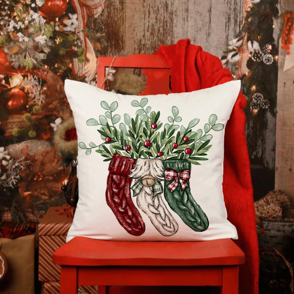 DFXSZ Juego de 4 fundas de almohada navideñas de 18 x 18 pulgadas, fundas de almohada de lana cuadriculada, fundas decorativas de eucalipto, fundas