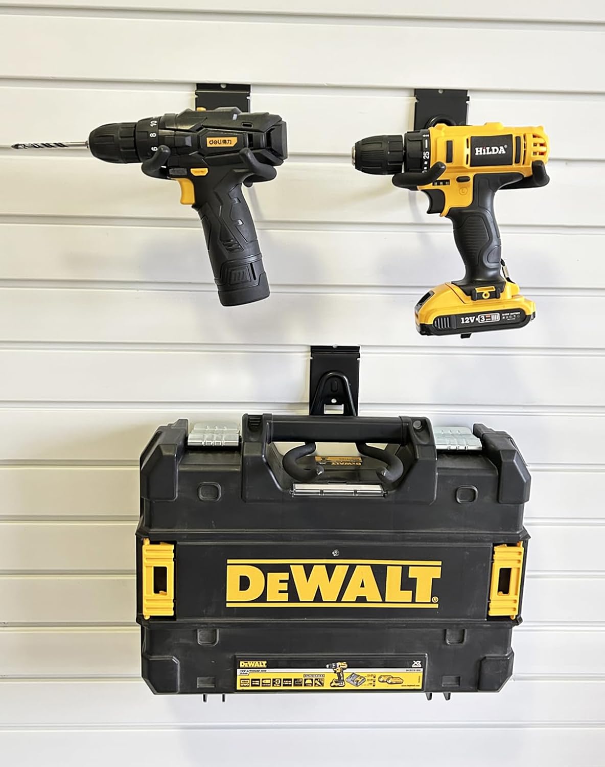 ATOOLA Organizador de herramientas eléctricas para Slatwall, ganchos de garaje para colgar herramientas de patio, estante antideslizante y soporte