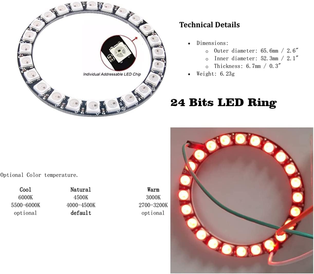 24 bits WS2812 RGB LED anillo 24 X 5050 WS2812B LED con controlador integrado direccionable individual programable para Arduino Raspberry Pi ESP32