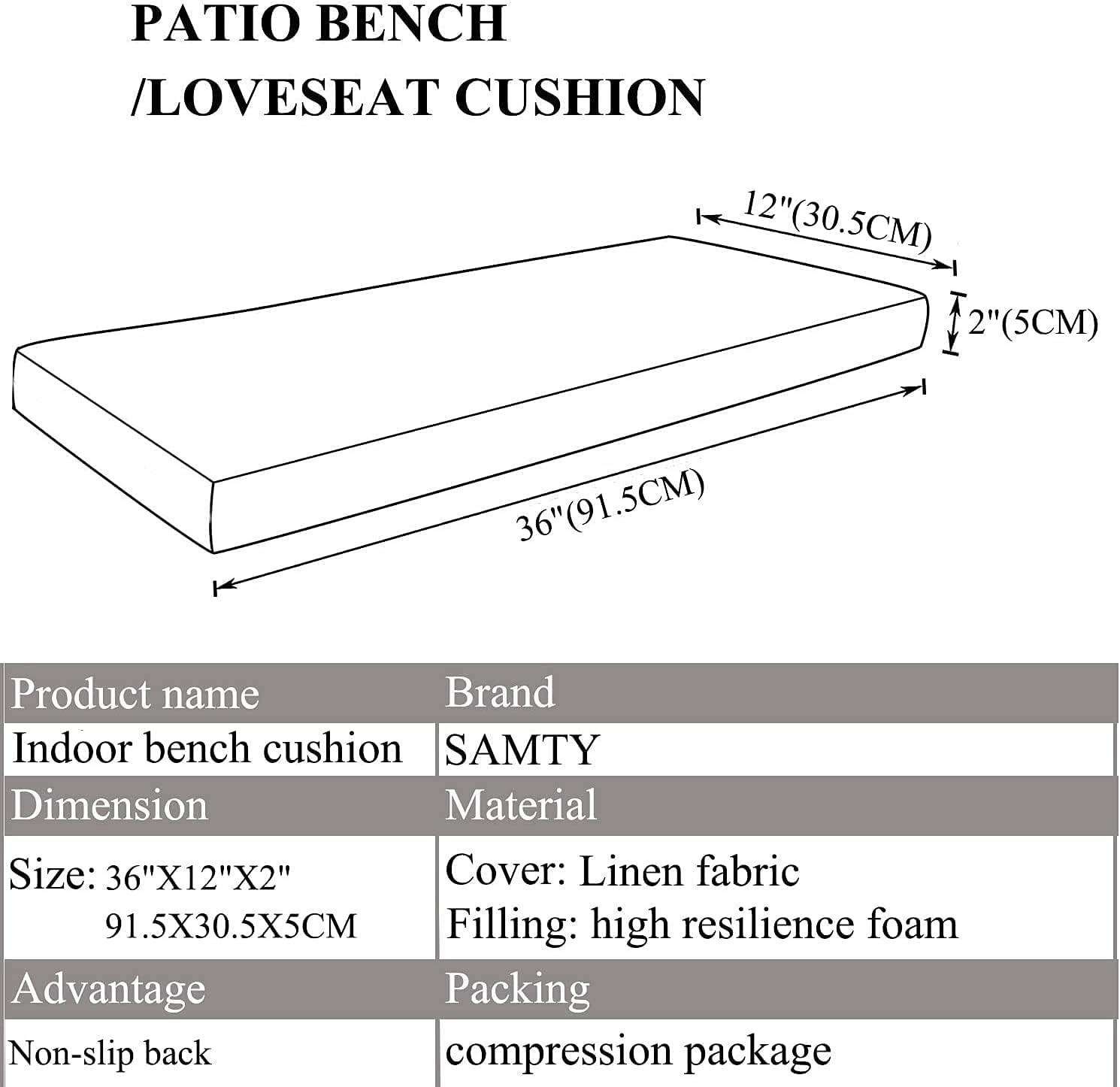 Cojín de espuma viscoelástica para asiento de banco, respaldo de goma antideslizante, cojín para columpio de interior, 36 x 16 pulgadas