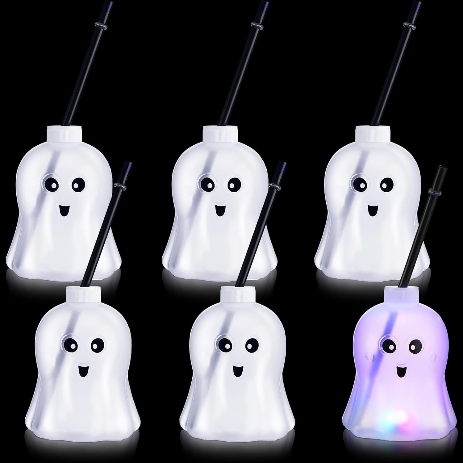 Zubebe 6 tazas con forma de fantasma de Halloween que brillan en la oscuridad con tapa de pajilla, 3 modos de luz coloridos, reutilizables,