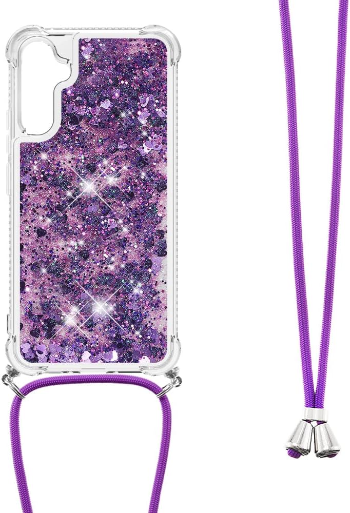 Asuwish Funda de teléfono para Samsung Galaxy A34 5G con protector de pantalla y correa cruzada, purpurina líquida brillante, transparente, delgada,