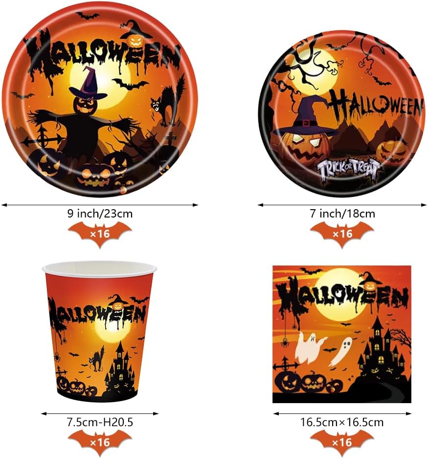 Juego de vajilla de 131 piezas para fiesta de Halloween, decoración de fiesta temática de Halloween, platos desechables de Halloween, servilletas,