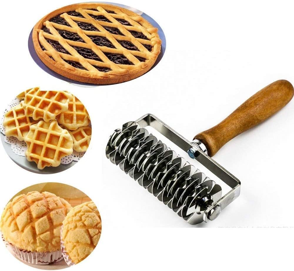 Cortador de rodillo de corteza de pastelería de pan de pizza de celosía superior de celosía de acero inoxidable, mango de madera