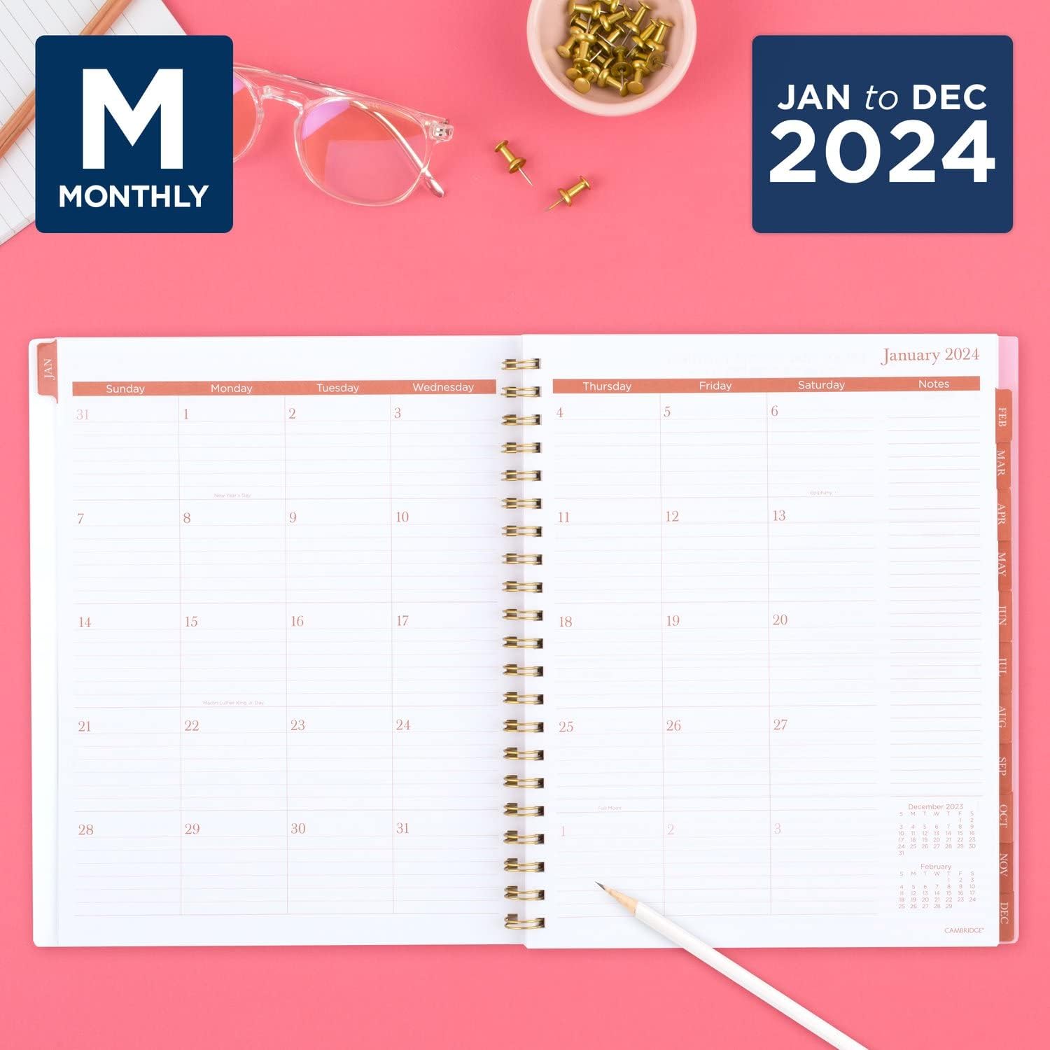Cambridge Agenda semanal y mensual 2024, 8-12 x 11 pulgadas, grande, Cher (1676-905-24)