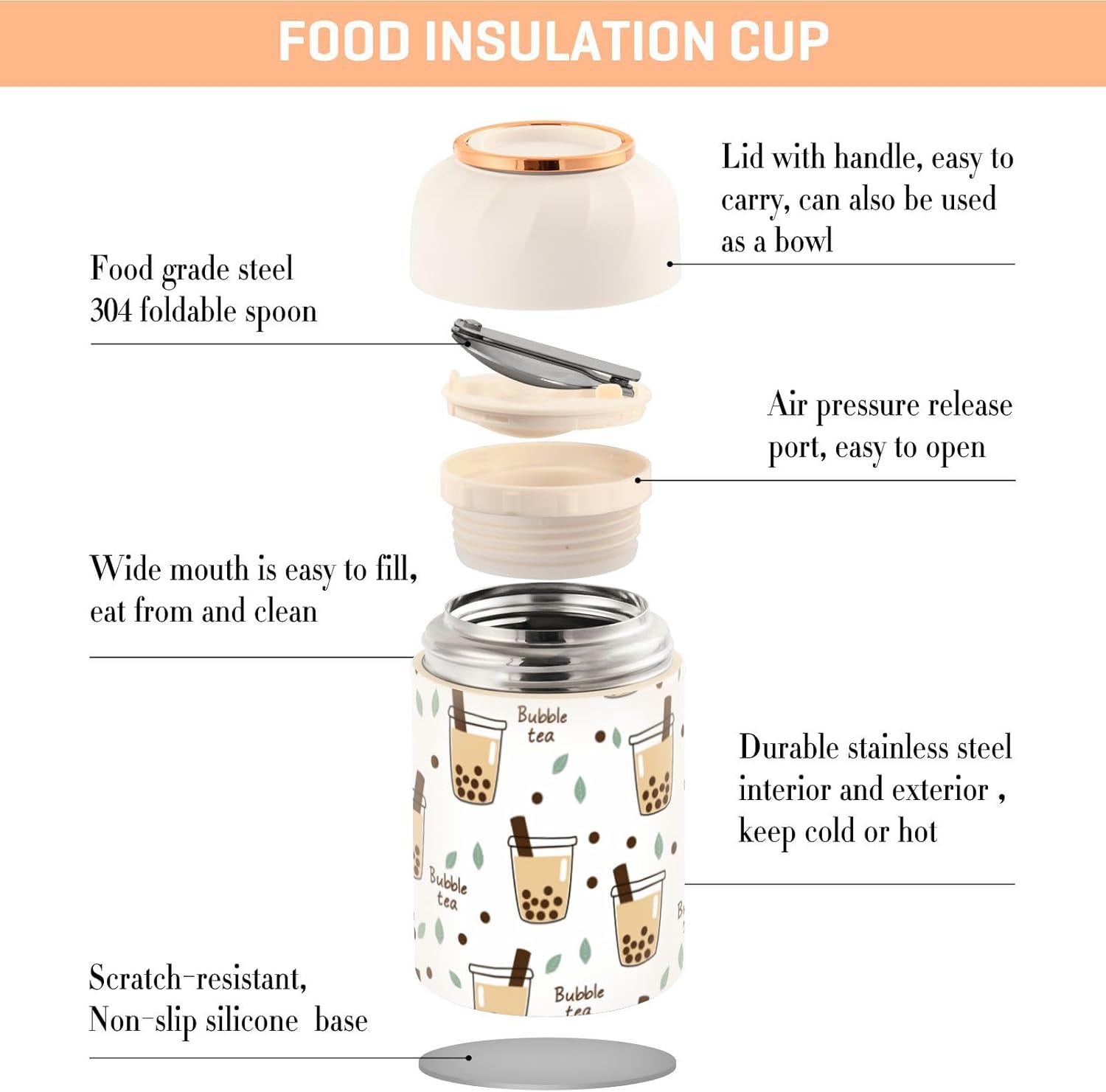 Bubble Milk Tea Cup Green Tea Leaves Kids Womens Insulated Food Jar Container with Spoon 17oz500ml Food Containers For Hot Food Stainless Steel