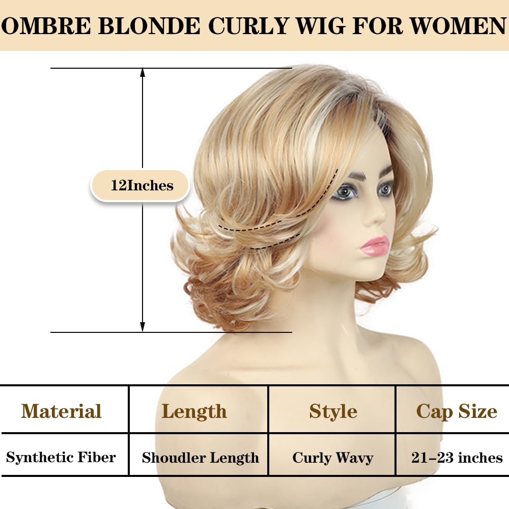 Beimer Peluca corta rubia rizada estilo Bob para mujer, longitud hasta el hombro, peluca ondulada con raíces oscuras en capas, peluca sintética de